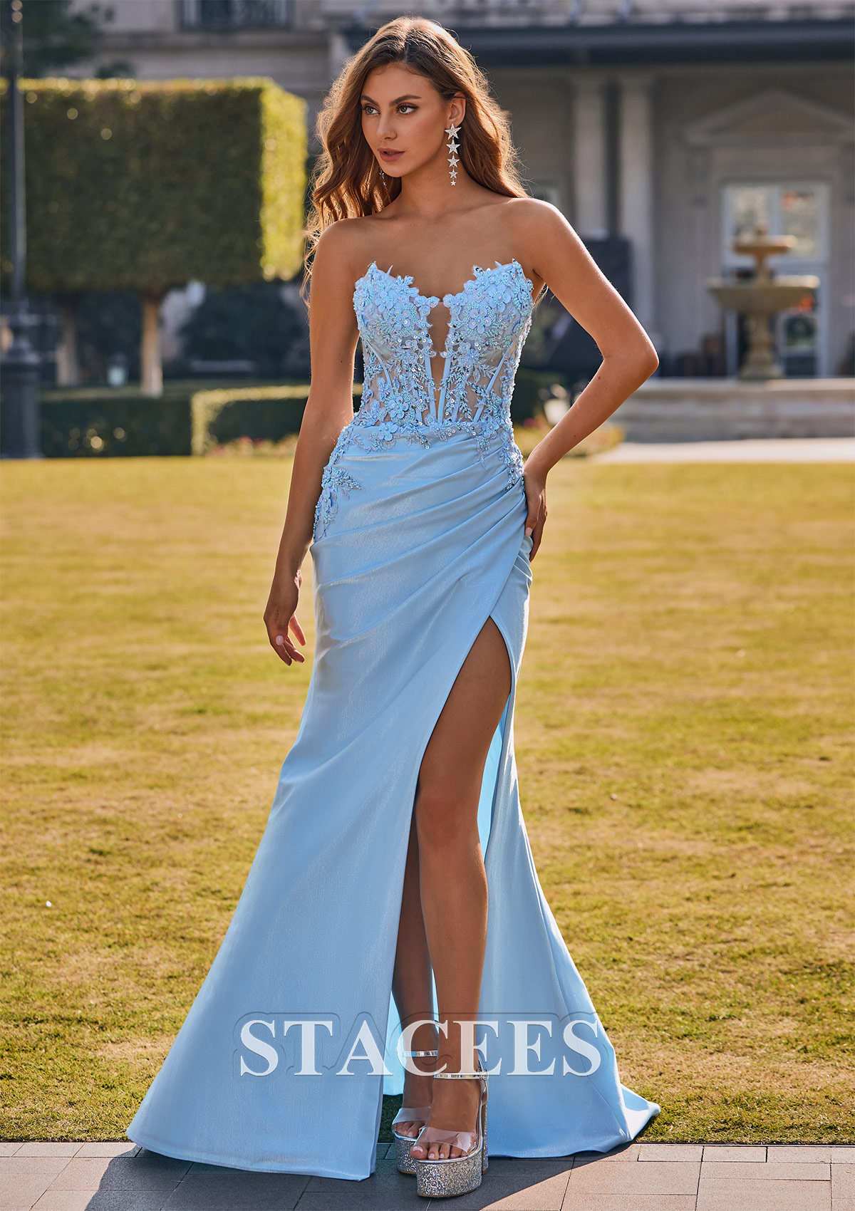 Azul Claro Corte trompeta/sirena escote en v tejer cola de barrido vestido de graduación - STACEES