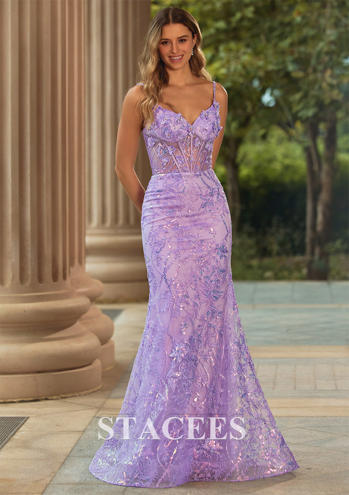 Lilac Sparkly Mermaid Floral Sequin Lace Prom Dress with Sheer Boned Bodice - STACEES