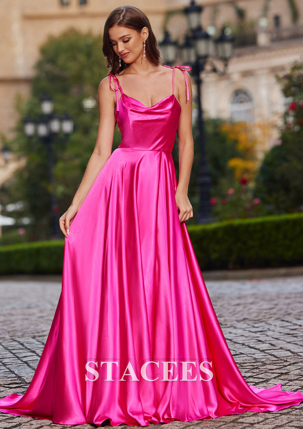Fuchsia A-line Cowl Neck Court Train Charmeuse Prom Dress with Pleated Split - STACEES