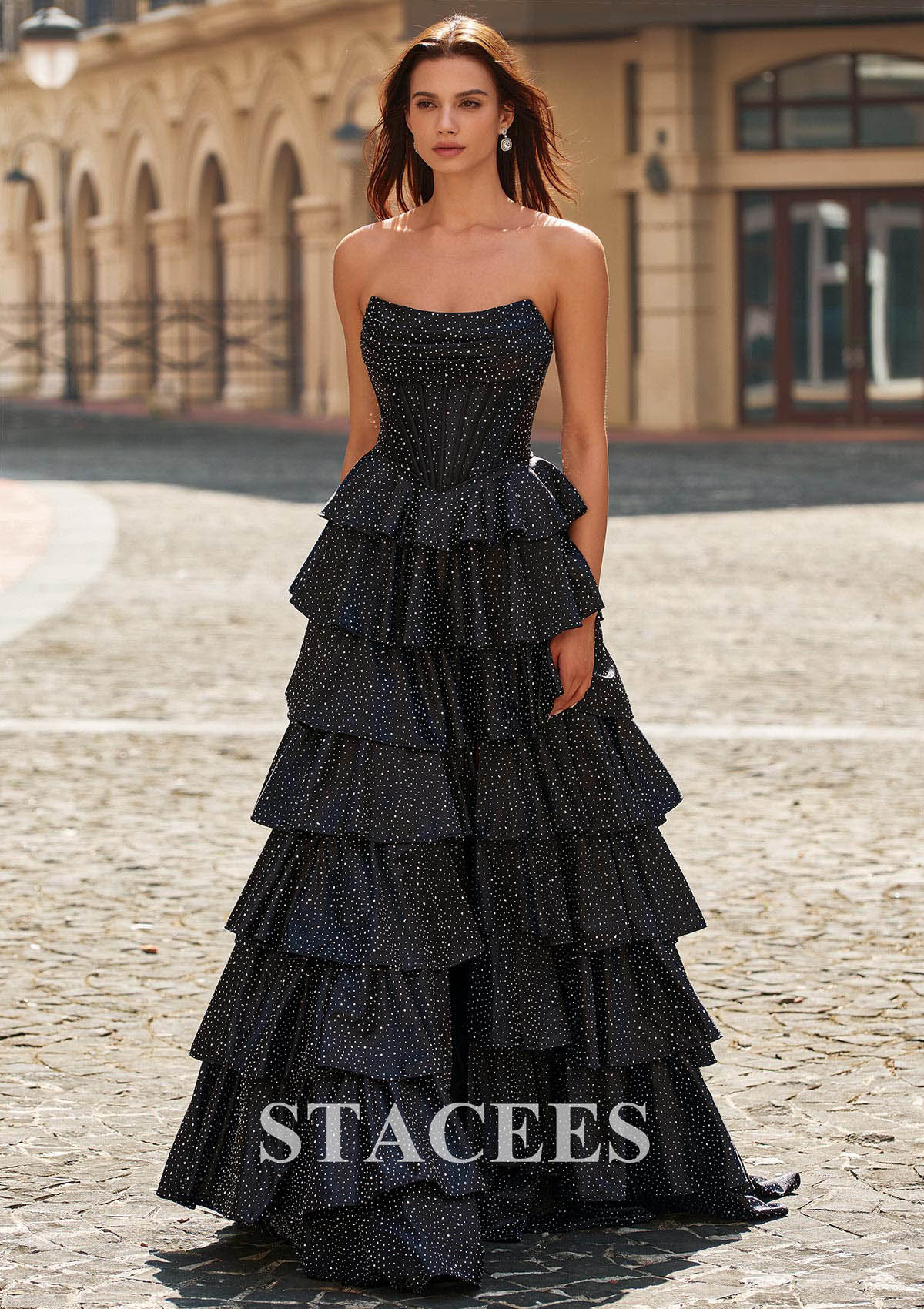 Black A-line Cowl Neck Hotfix Strapless Tiered Ruffle Prom Dress with Slit Lace-Up Back - STACEES