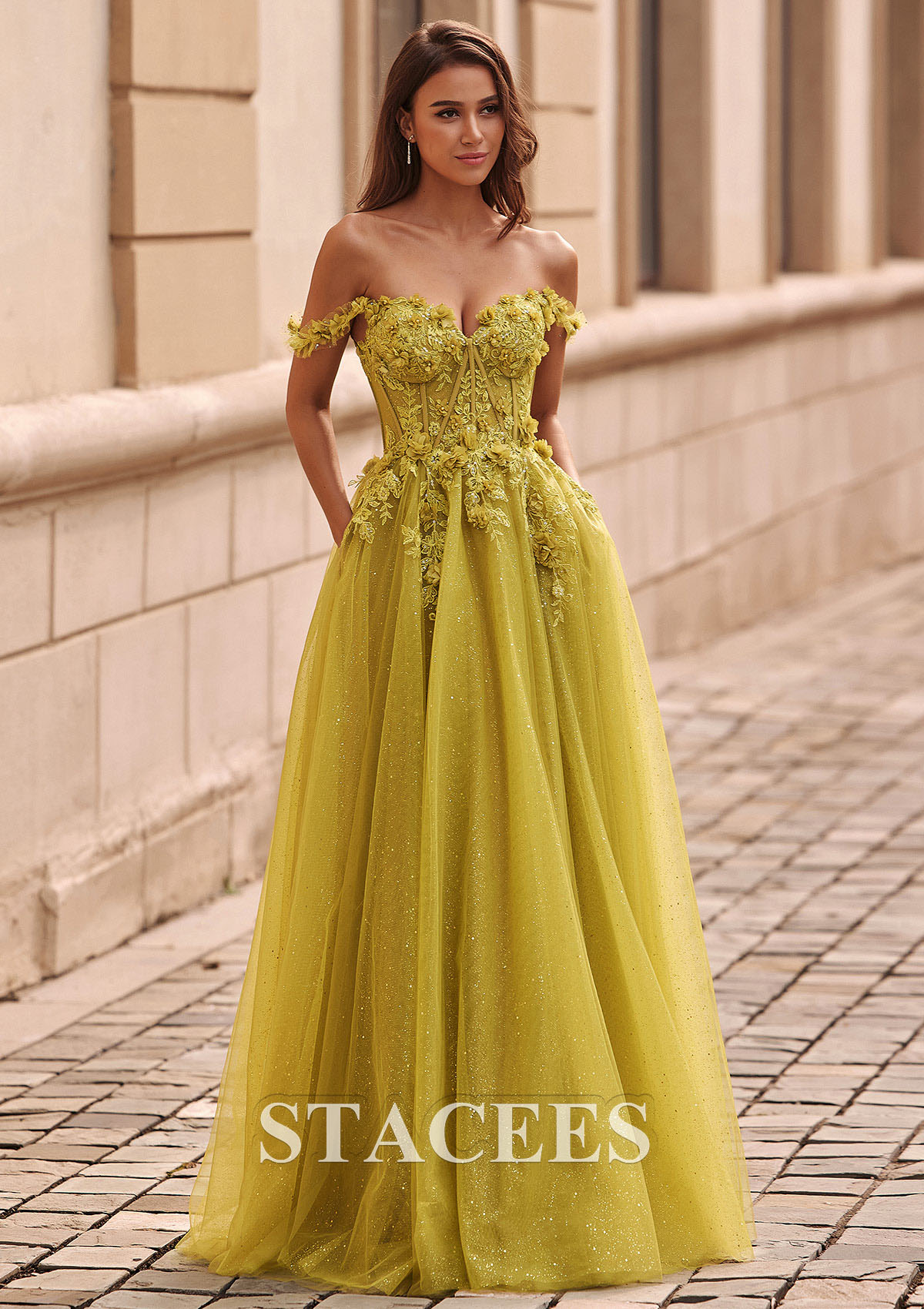 As Picture A-line Applique Sheer Corset Off-the-Shoulder Glitter Tulle Prom Dress - STACEES