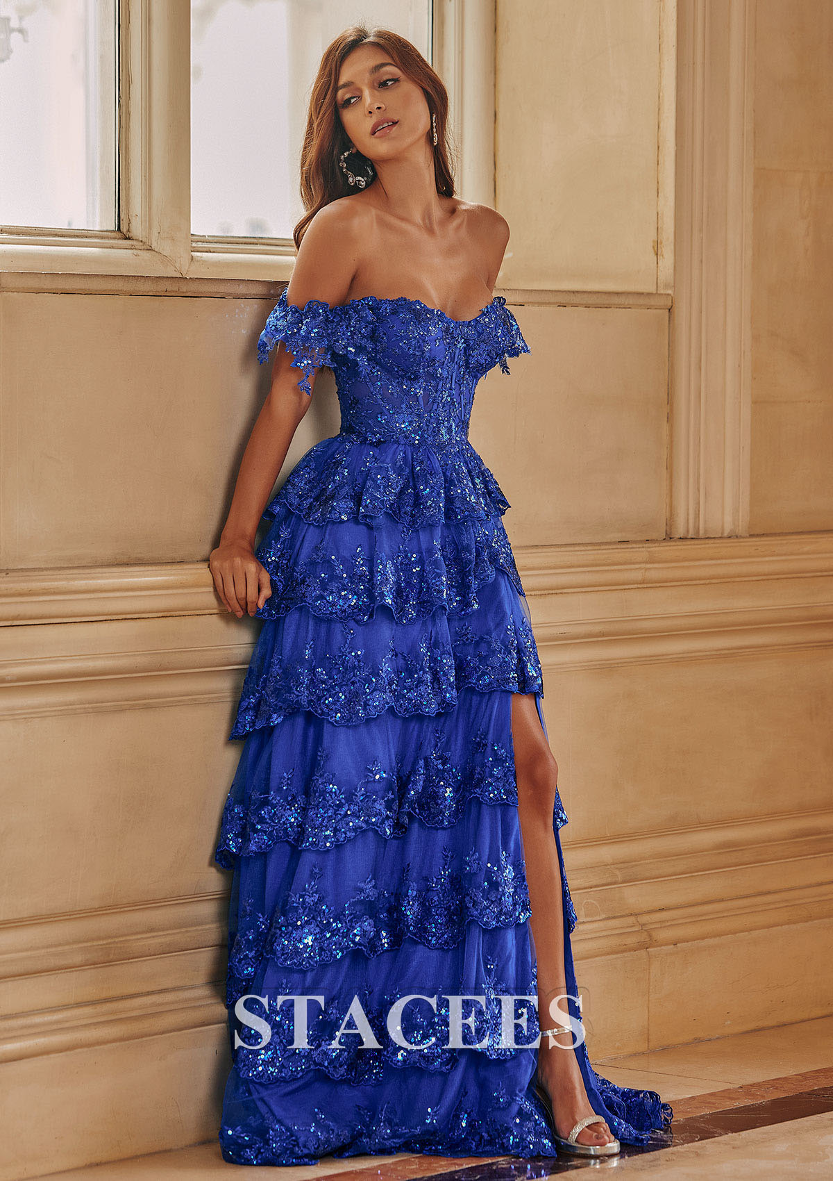 Bleu Océan Trapèze épaule dénudée tulle traîne balayage robe de bal  - STACEES