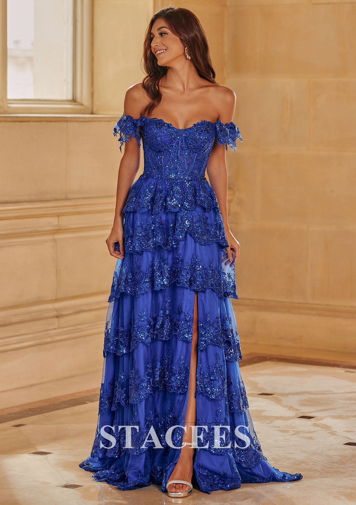 Bleu Océan Trapèze épaule dénudée tulle traîne balayage robe de bal  - STACEES