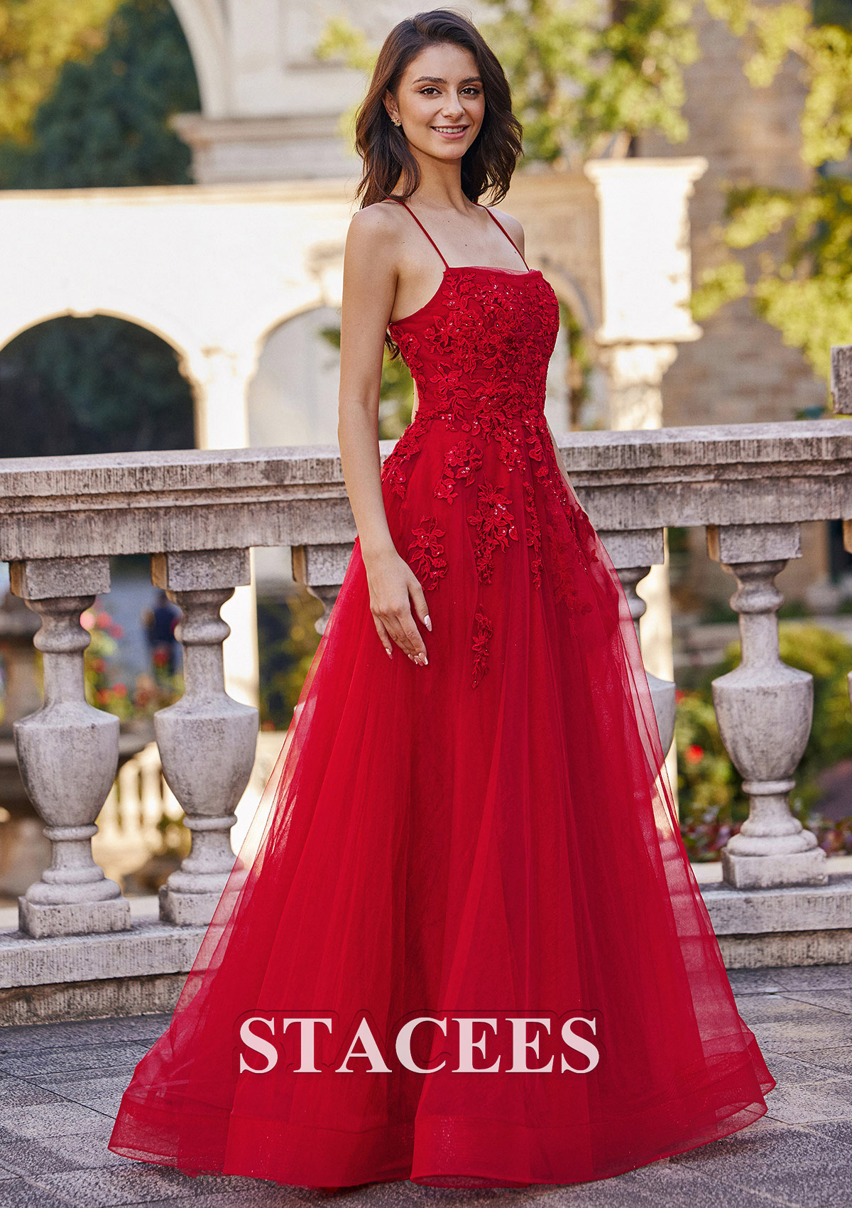 Red A-line Square Neckline Sweep Train Tulle Prom Dress with Appliqued Beading Pockets - STACEES