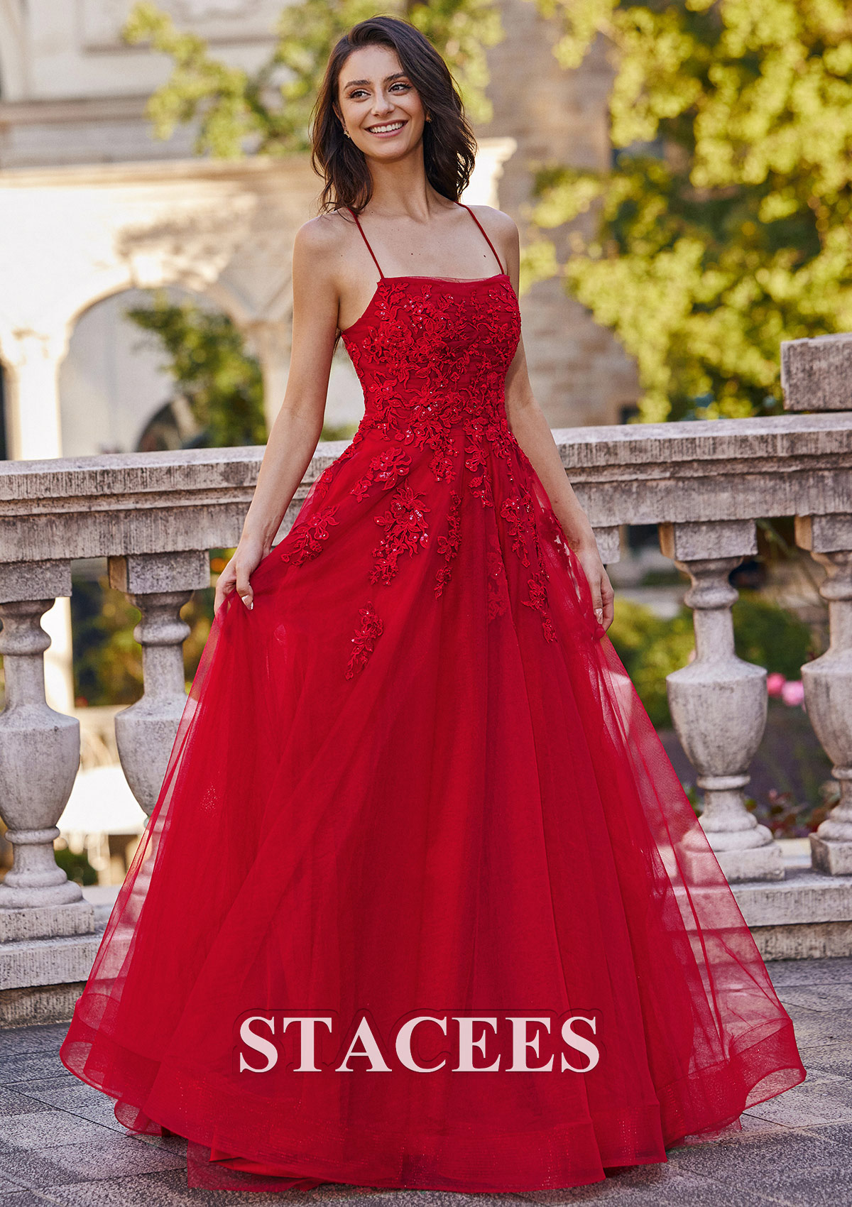 Red A-line Square Neckline Sweep Train Tulle Prom Dress with Appliqued Beading Pockets - STACEES