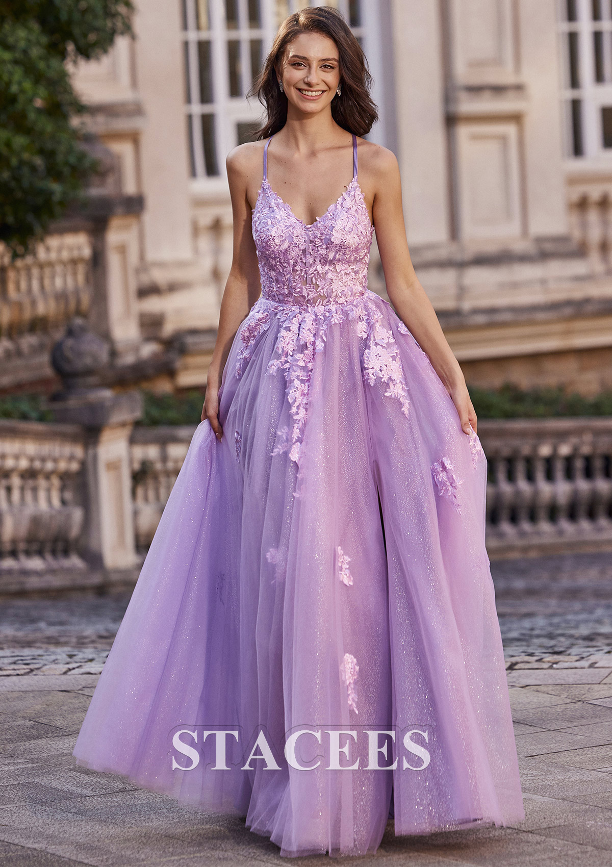 Lilac A-line Princess V Neck Floor-Length Tulle Prom Dress with Glitter Appliqued Beading Split - STACEES