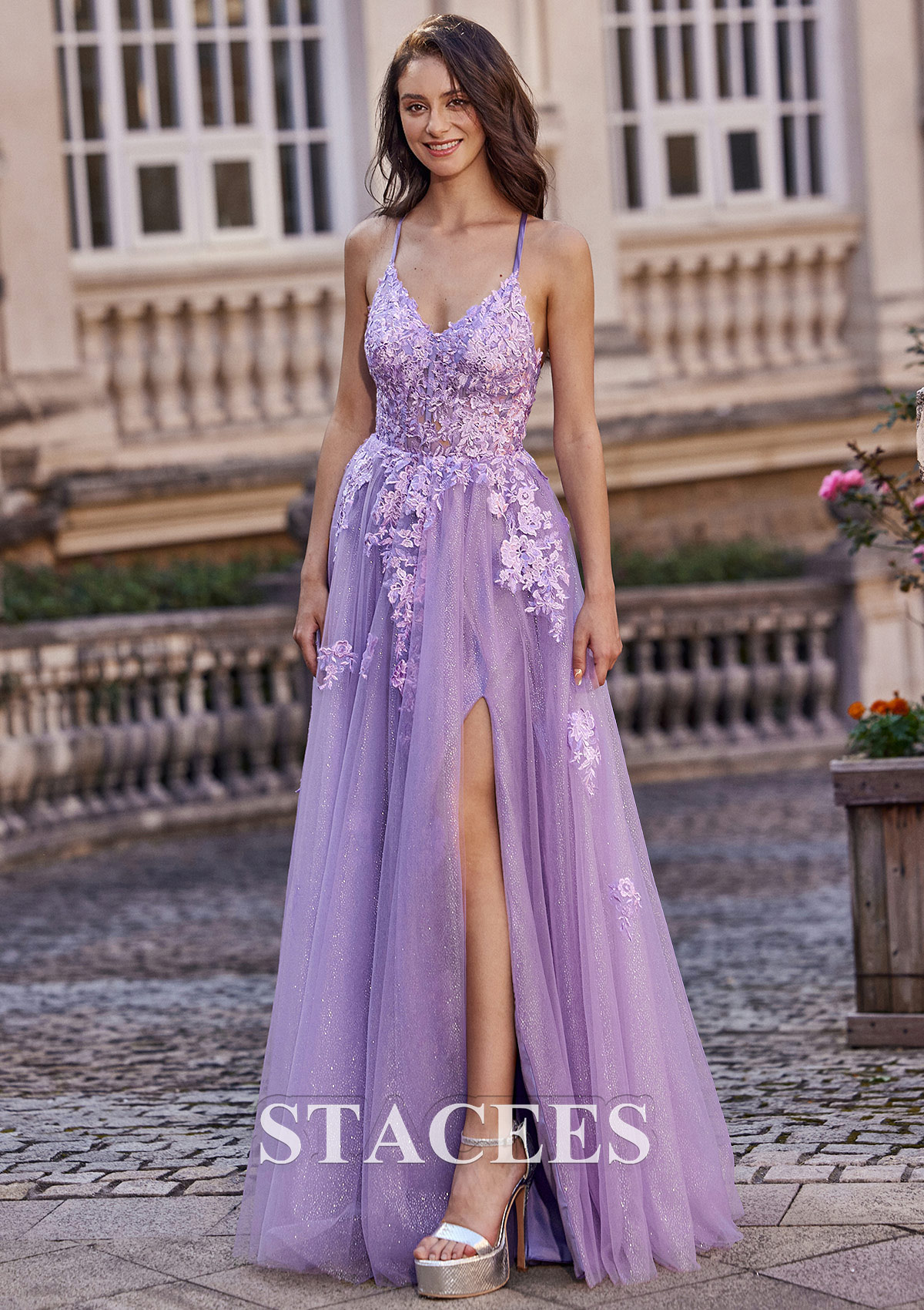 Lilac A-line Princess V Neck Floor-Length Tulle Prom Dress with Glitter Appliqued Beading Split - STACEES