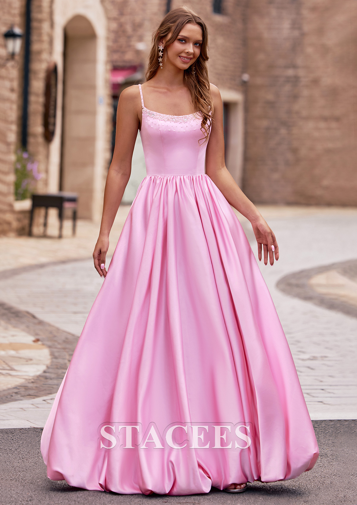 Candy Pink Ball Gown Beads Spaghetti Strap Bodice Bubble Hem Prom Dress with Pockets - STACEES