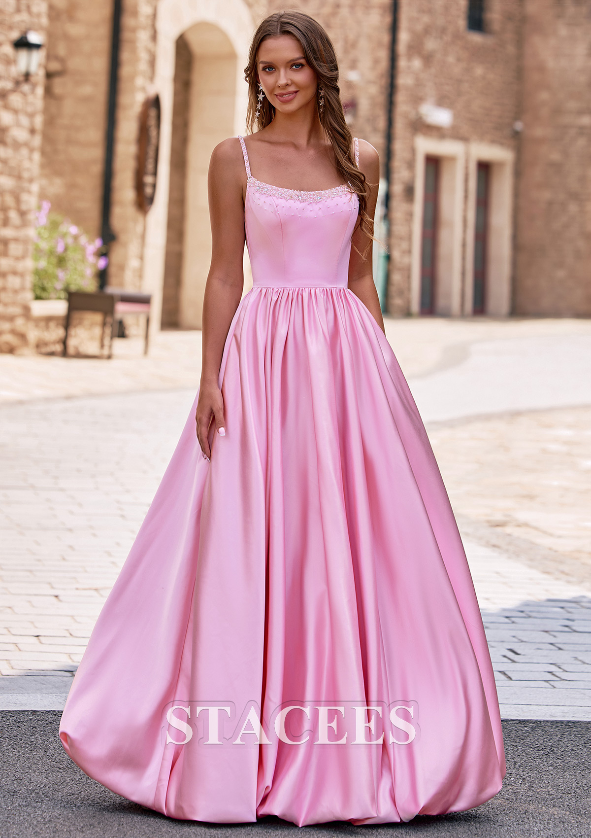 Candy Pink Ball Gown Beads Spaghetti Strap Bodice Bubble Hem Prom Dress with Pockets - STACEES