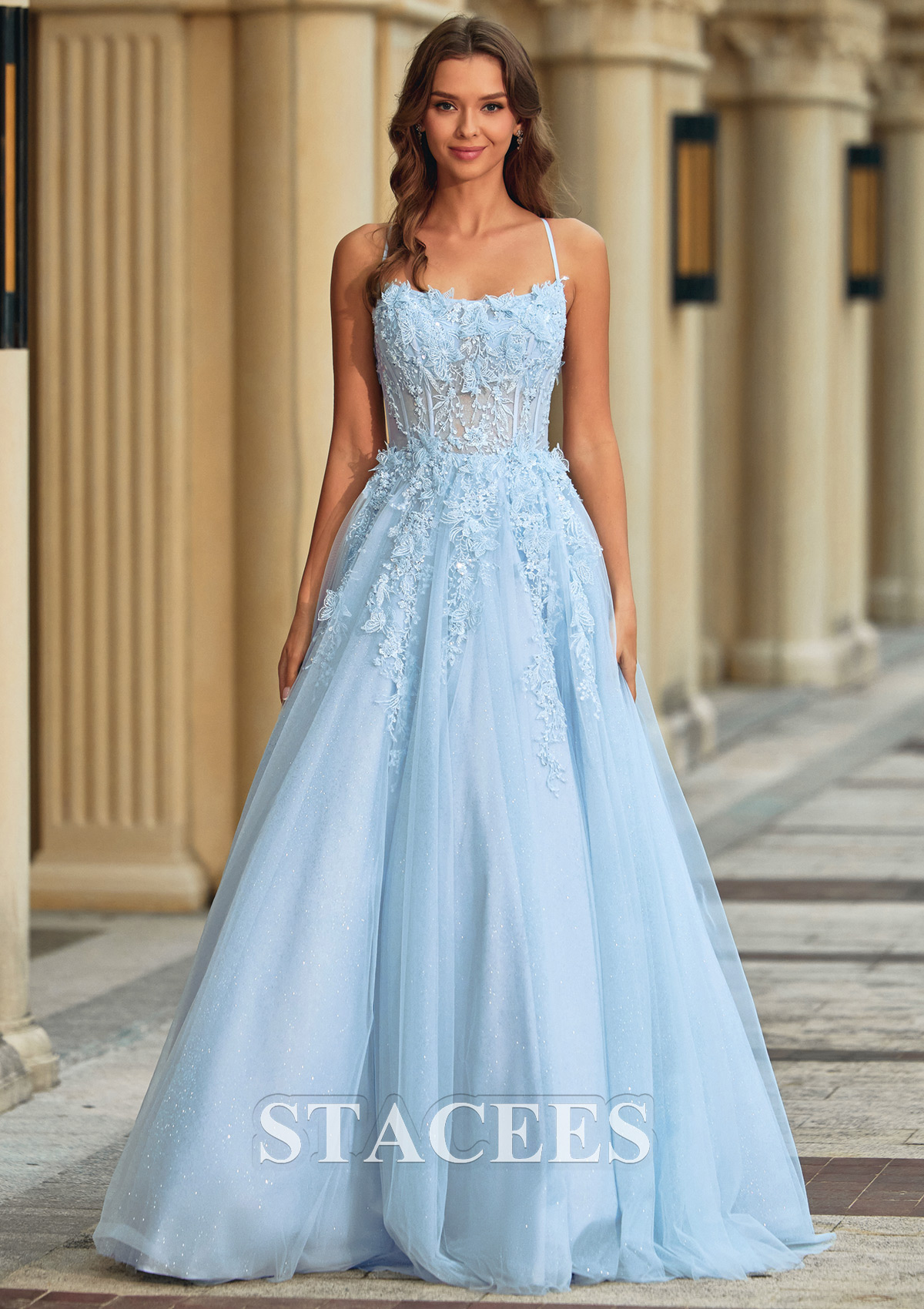 Bleu Ciel Trapèze scoop tulle traîne balayage robe de bal avec perles paillettes papillon - STACEES