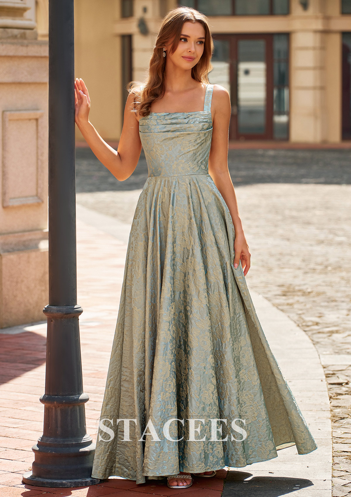 Bleu Clair Trapèze carrée jacquard longueur ras du sol robe de bal avec plissé poches imprimé floral - STACEES