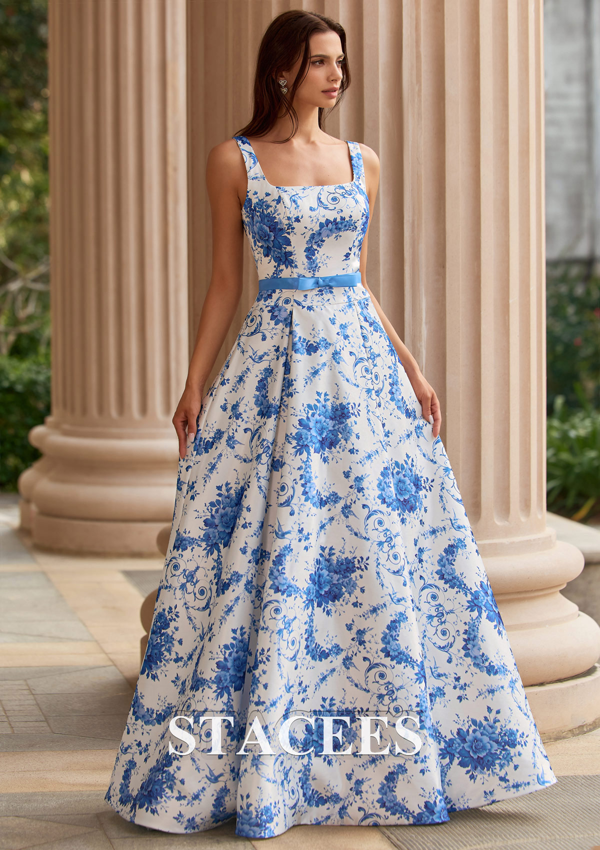 blue and white satin dress Floral Print A-Line Prom with Open Back Sash S9050P - Prom Dresses 100% Polyester winter catalog Black Dress Bodycon Below Size:46R