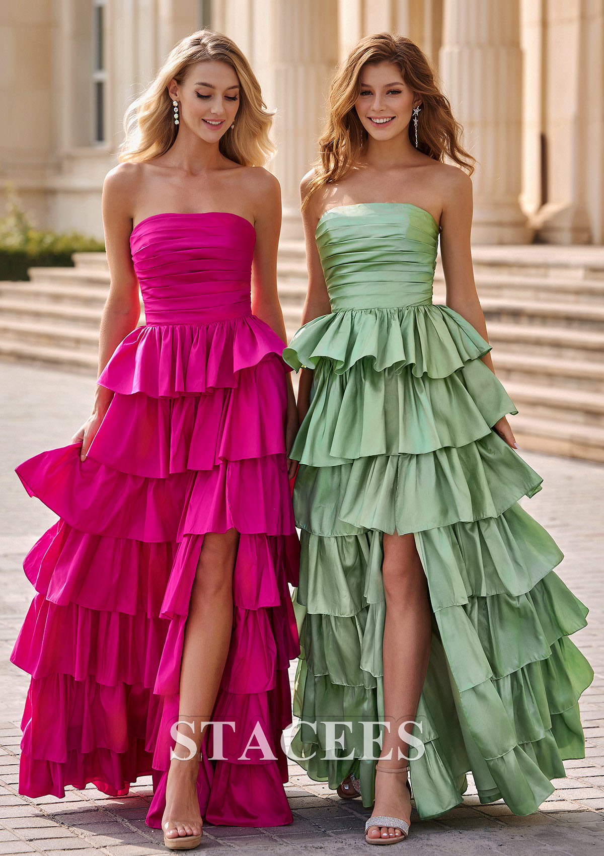 Sage A-line Pleated Strapless Ruffled Floor-Length Taffeta Prom Dress - STACEES