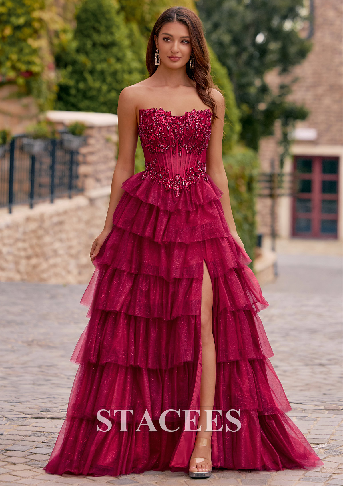 Burgundy A-line Strapless Embellished Corset Tiered Ruffle Glitter Tulle Prom Dress with Slit - STACEES