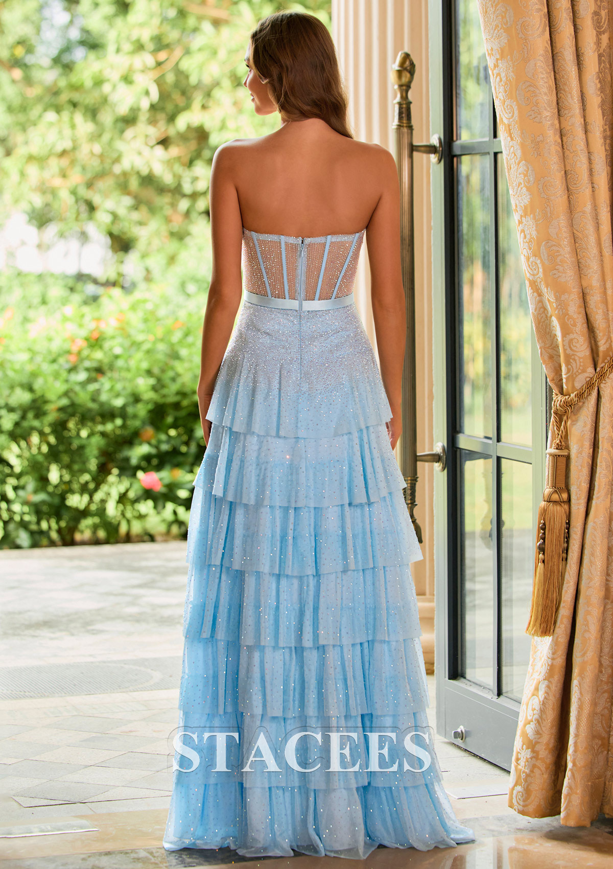 Bleu Ciel Trapèze cache coeur mousseline longueur ras du sol robe de bal avec perles strass thermocollant - STACEES