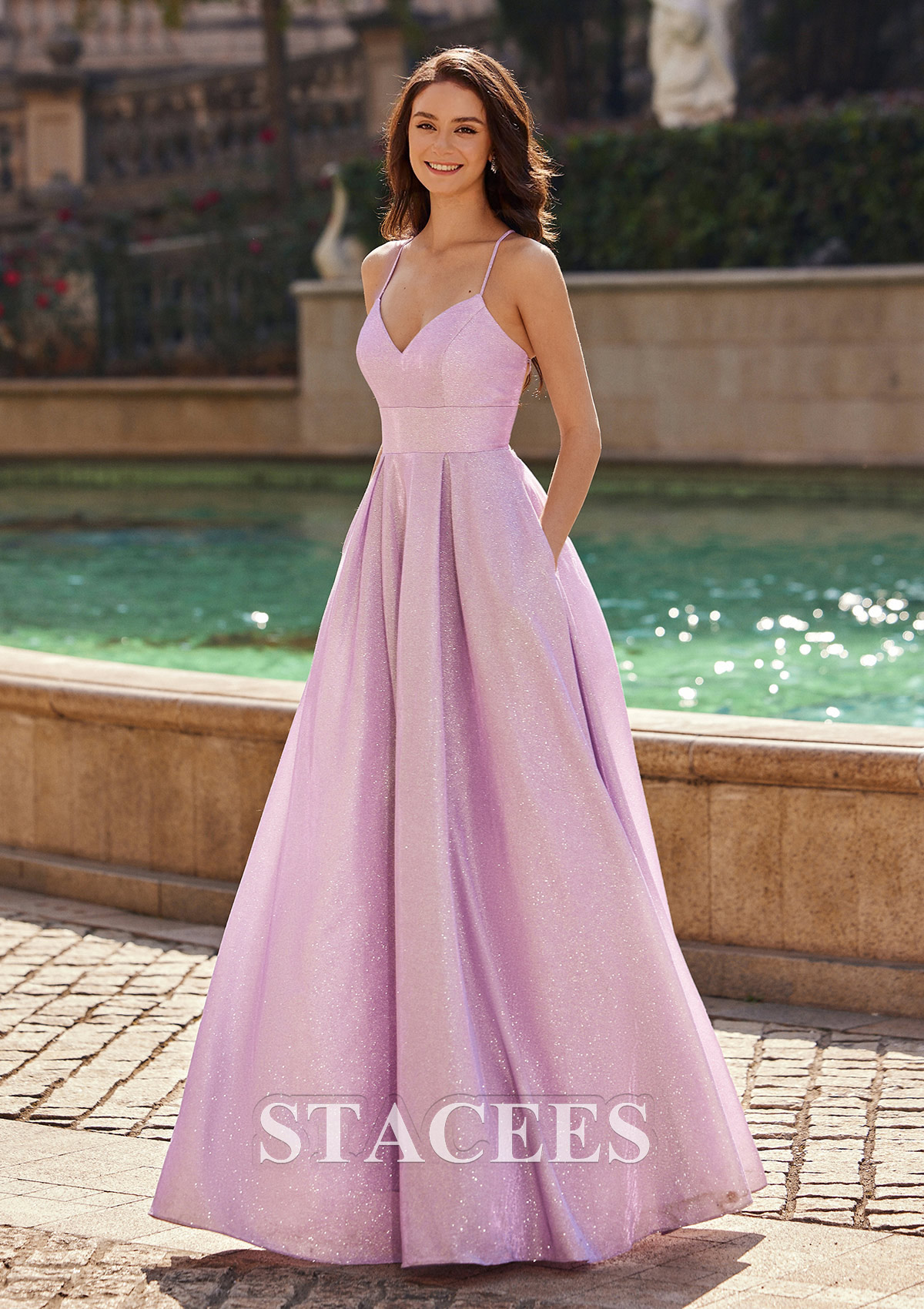 Lilac Vestido línea a escote en v tejer hasta el suelo vestido de graduación - STACEES