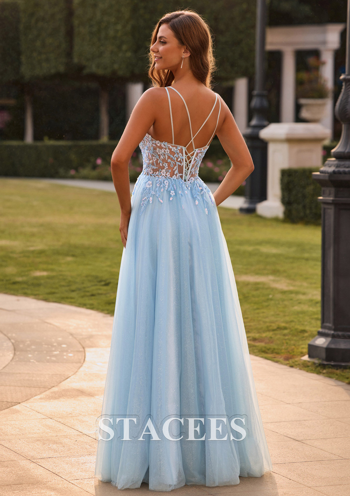 Sky Blue A-line V Neck Tulle Floor-Length Prom Dress with Appliqued Glitter - STACEES