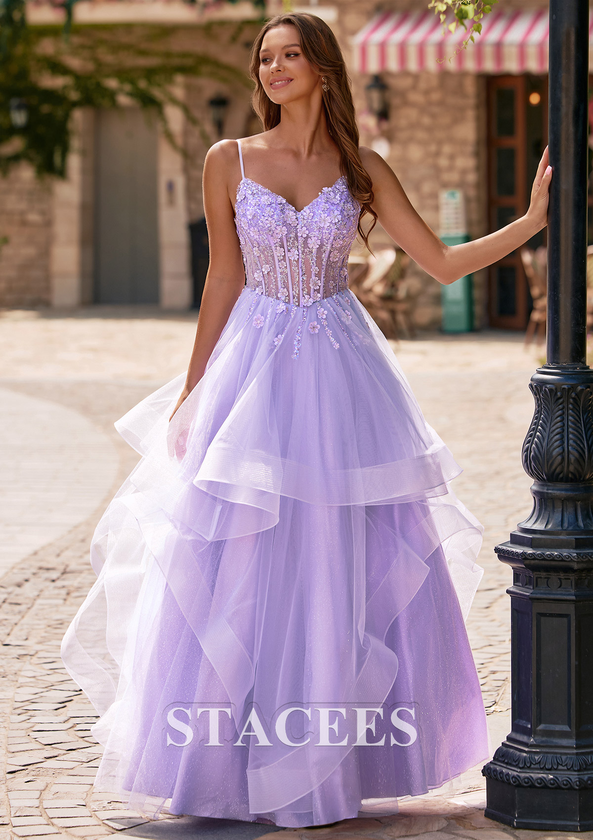 Lilac Spaghetti Strap A-Line Floral Embroidery Corset Ruffled Prom Dress - STACEES