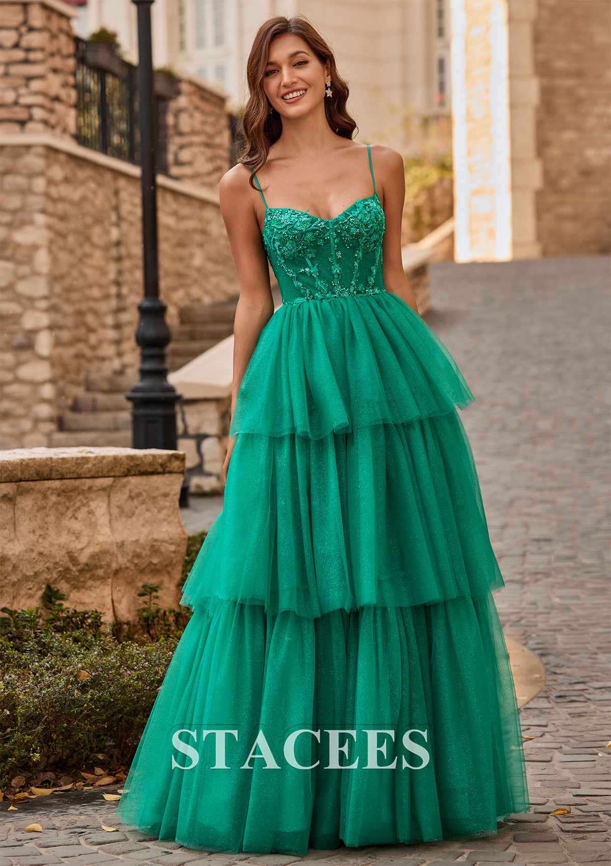 Hunter Green A-line Tiered Ruffle Sequin-Embroidery Corset Glitter Prom Dress - STACEES
