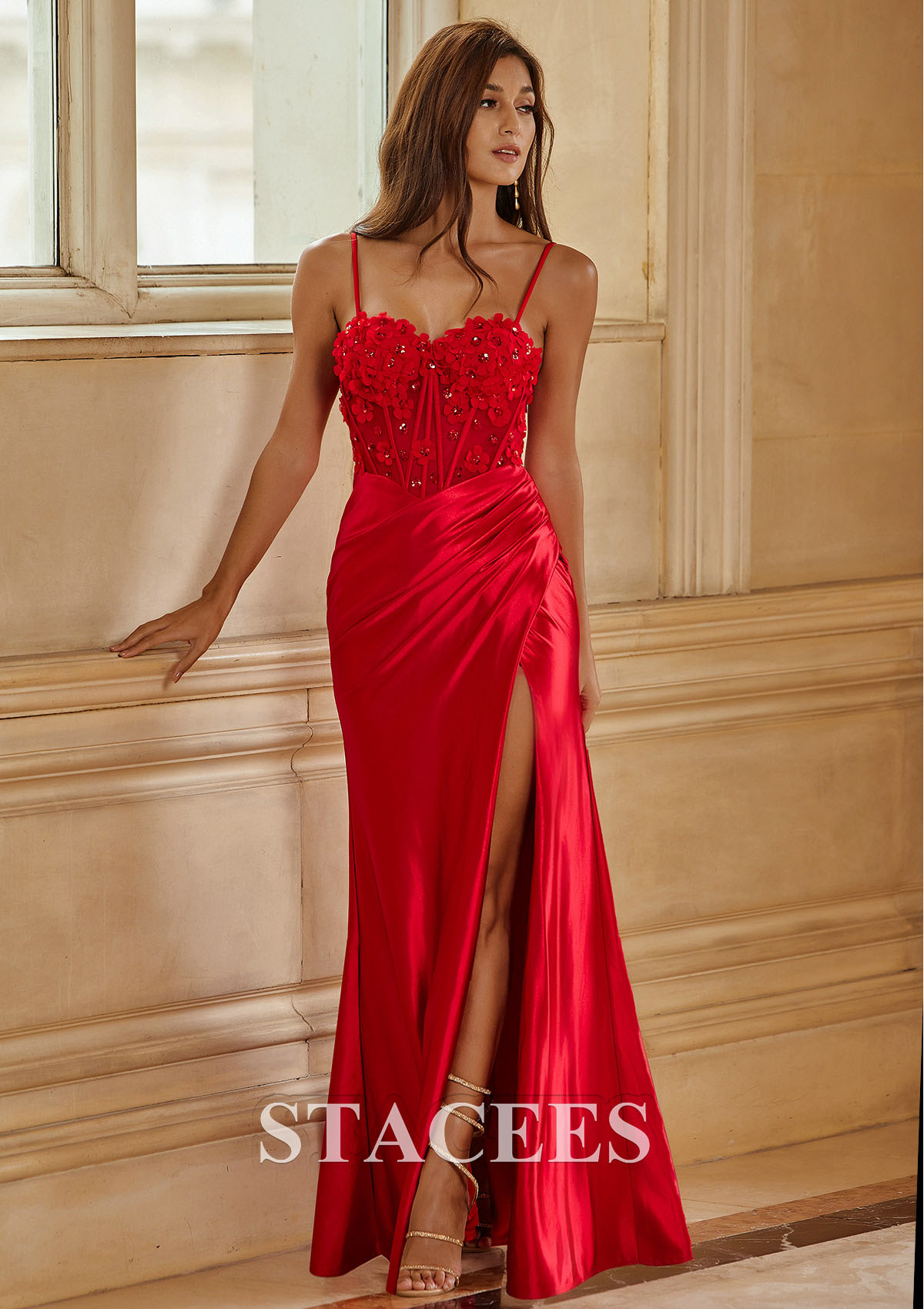 Red Sheath Fitted Floral Sheer Corset Floor-Length Prom Dress with Pleats Slit - STACEES