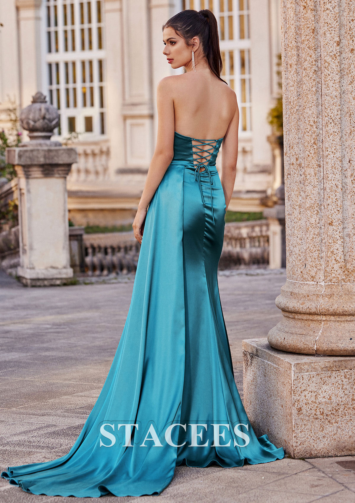 Teal Sheath/Column V Neck Sweep Train Satin Prom Dress with Side Draping Split - STACEES