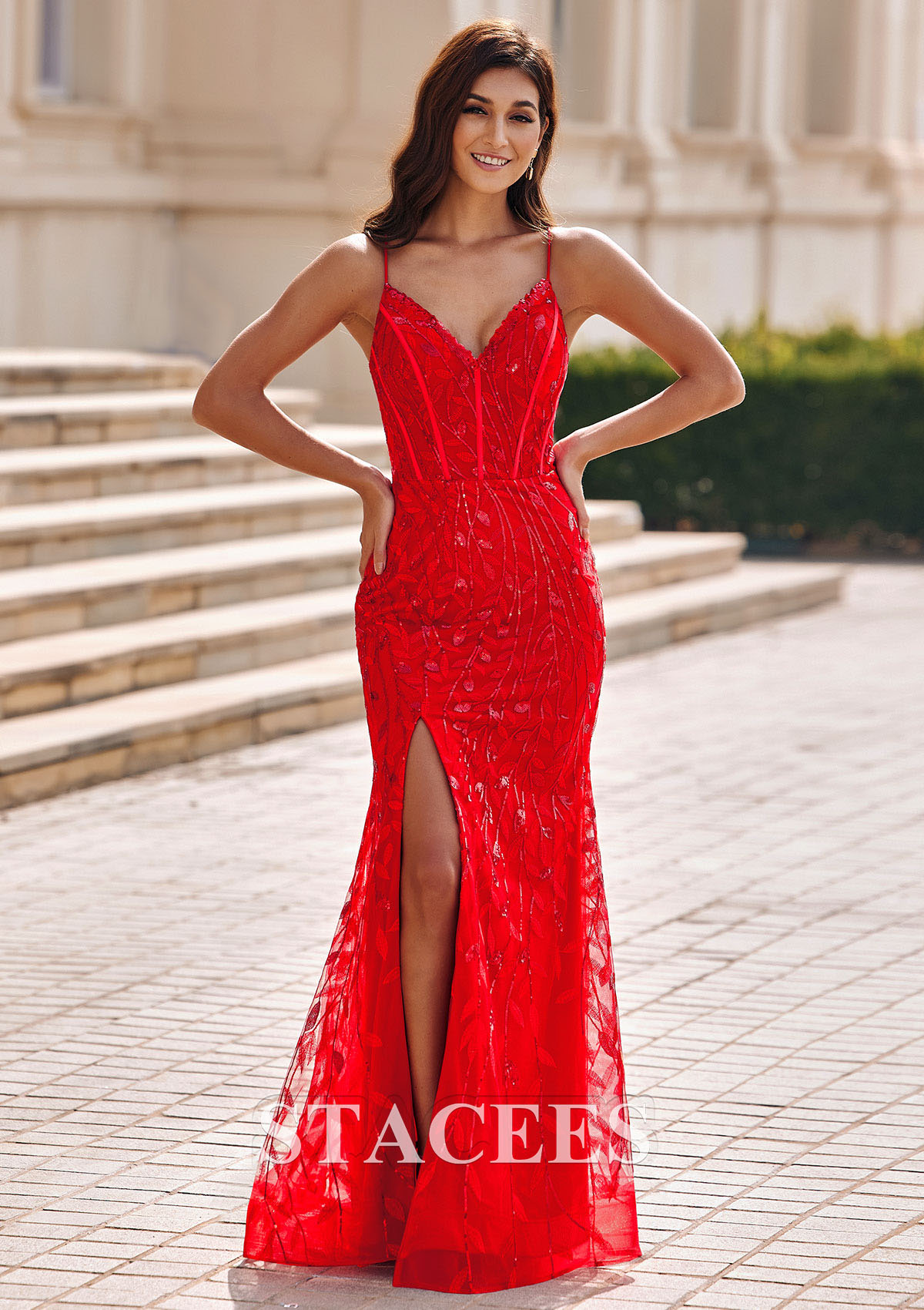 Red Sheath V Neck Tulle Sweep Train Leaf Sequins Slit Prom Dress - STACEES