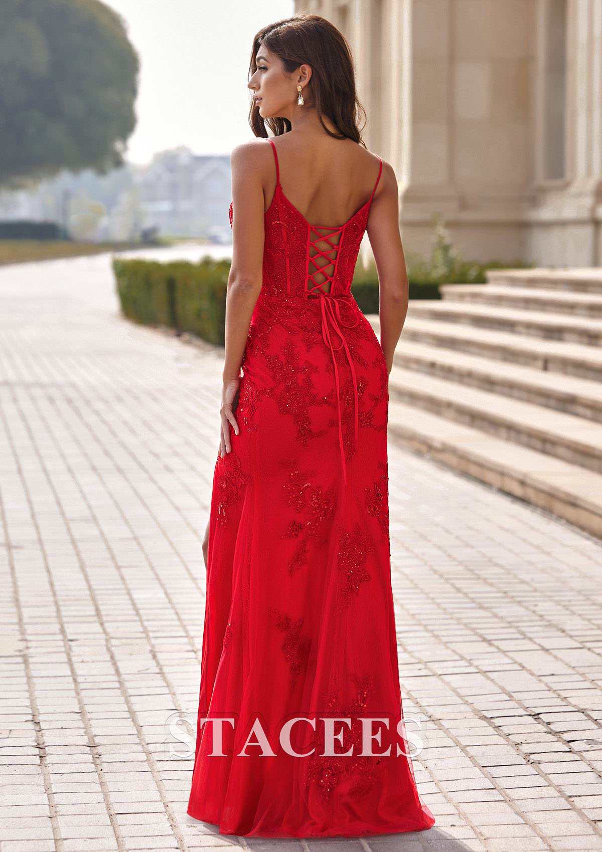 Red Sheath V Neck Sheer Lace Corset Bodice Fitted Prom Dress with Slit - STACEES