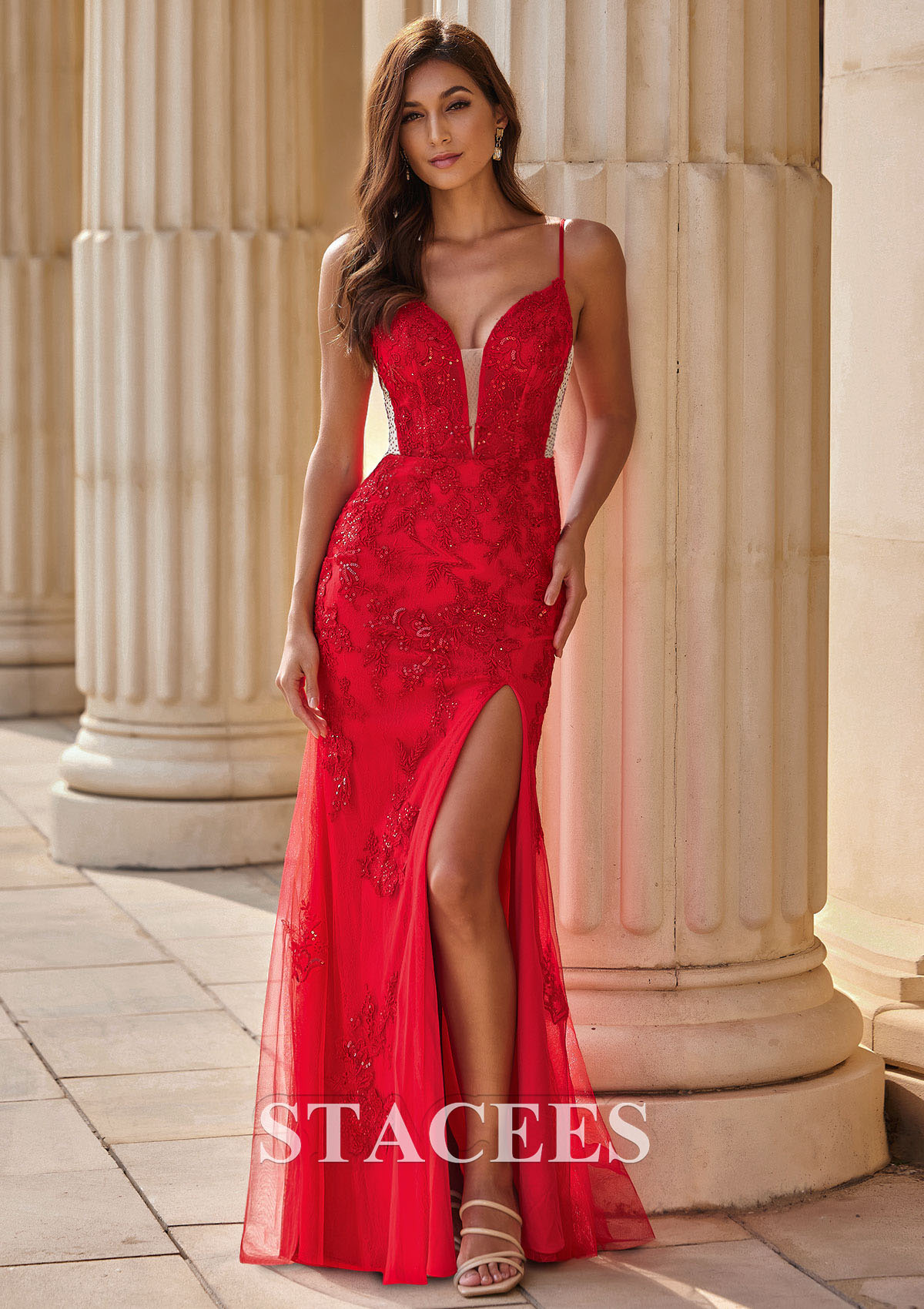 Red Sheath V Neck Sheer Lace Corset Bodice Fitted Prom Dress with Slit - STACEES