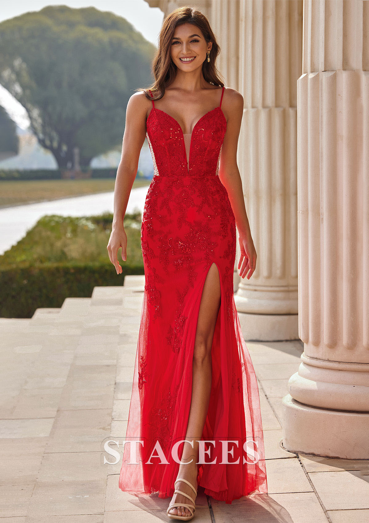 Stacees Sheath Sheer Lace Corset Fitted Slit Prom Dress in Burgundy