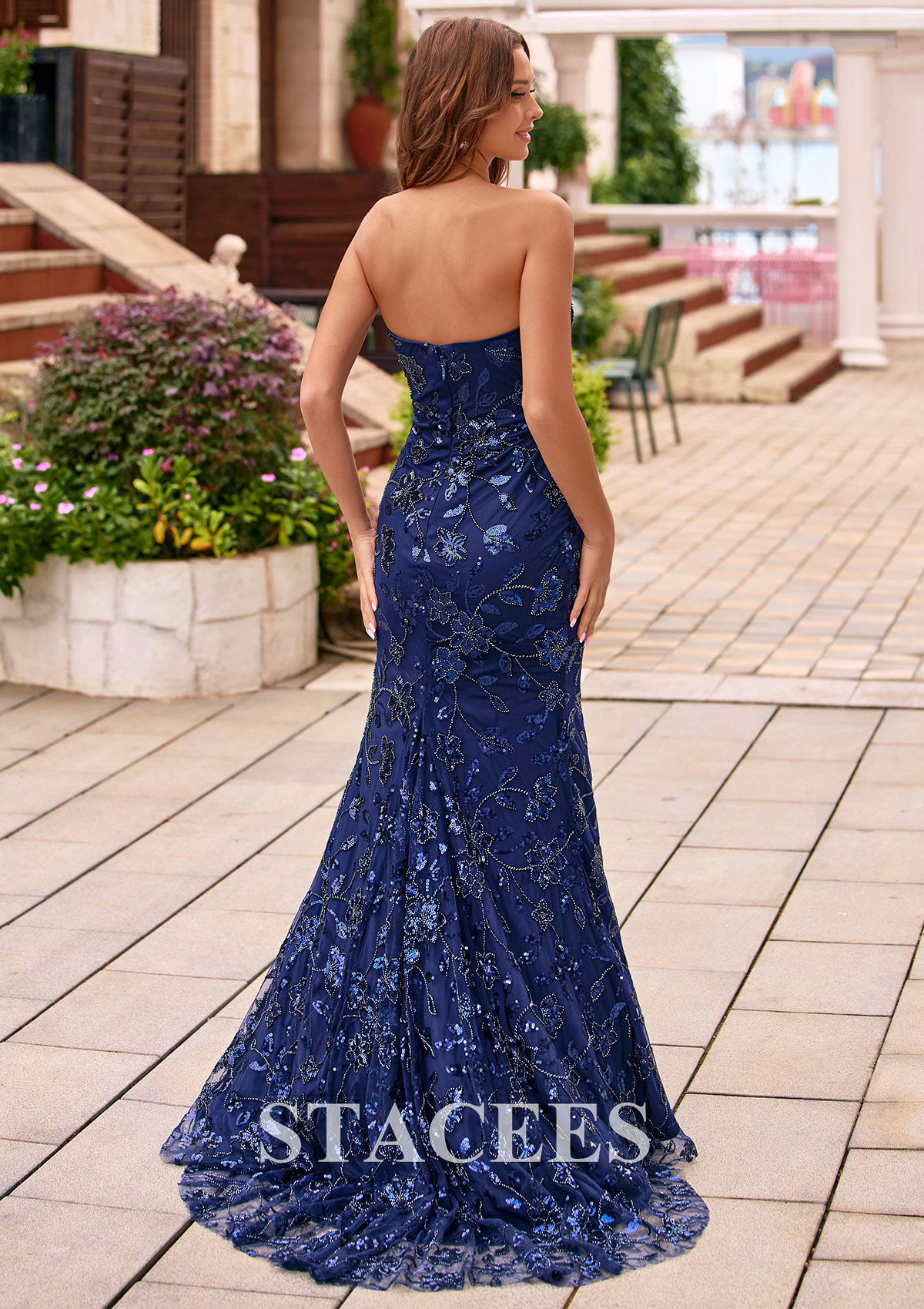 Bleu marine foncé Trumpette/Sirène bateau paillettes traîne balayage robe de bal avec perles fendue - STACEES