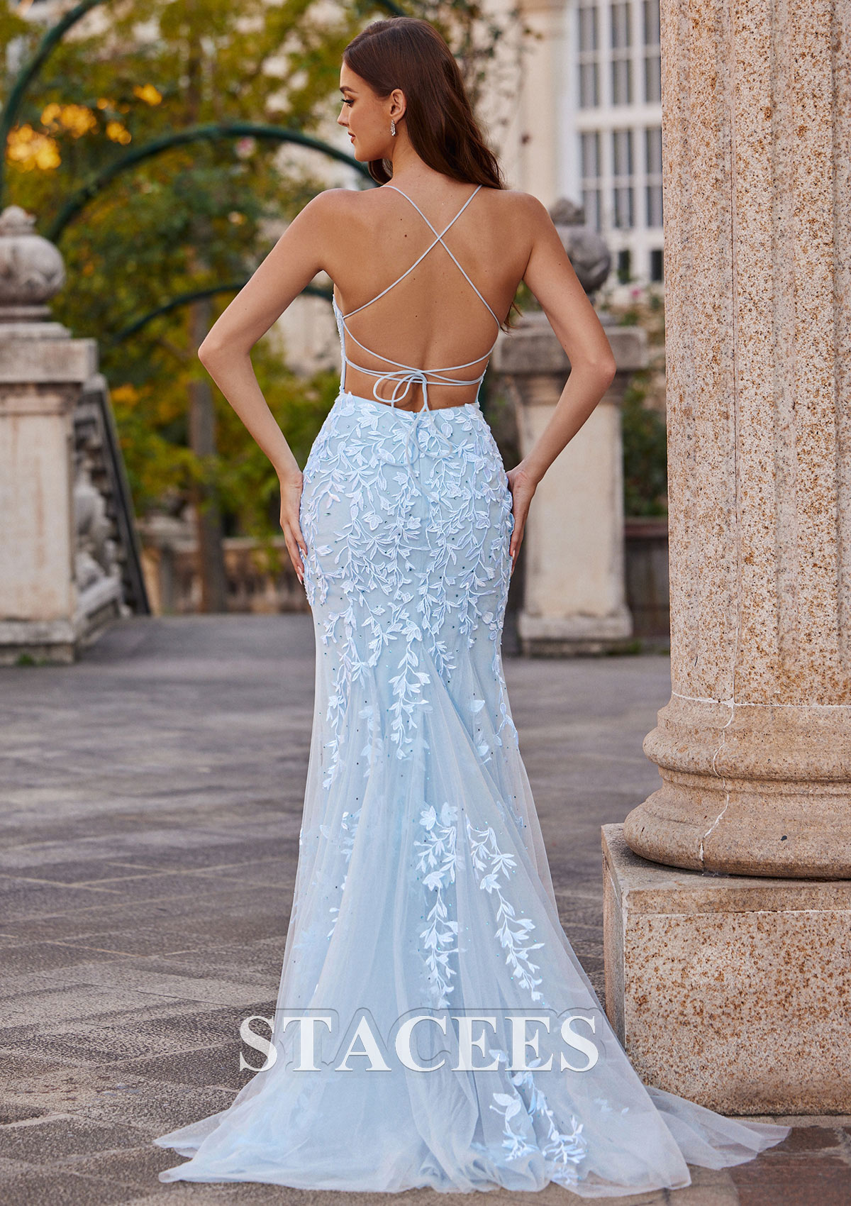Sky Blue Trumpet/Mermaid Square Neckline Sweep Train Tulle Prom Dress with Beading Lace - STACEES