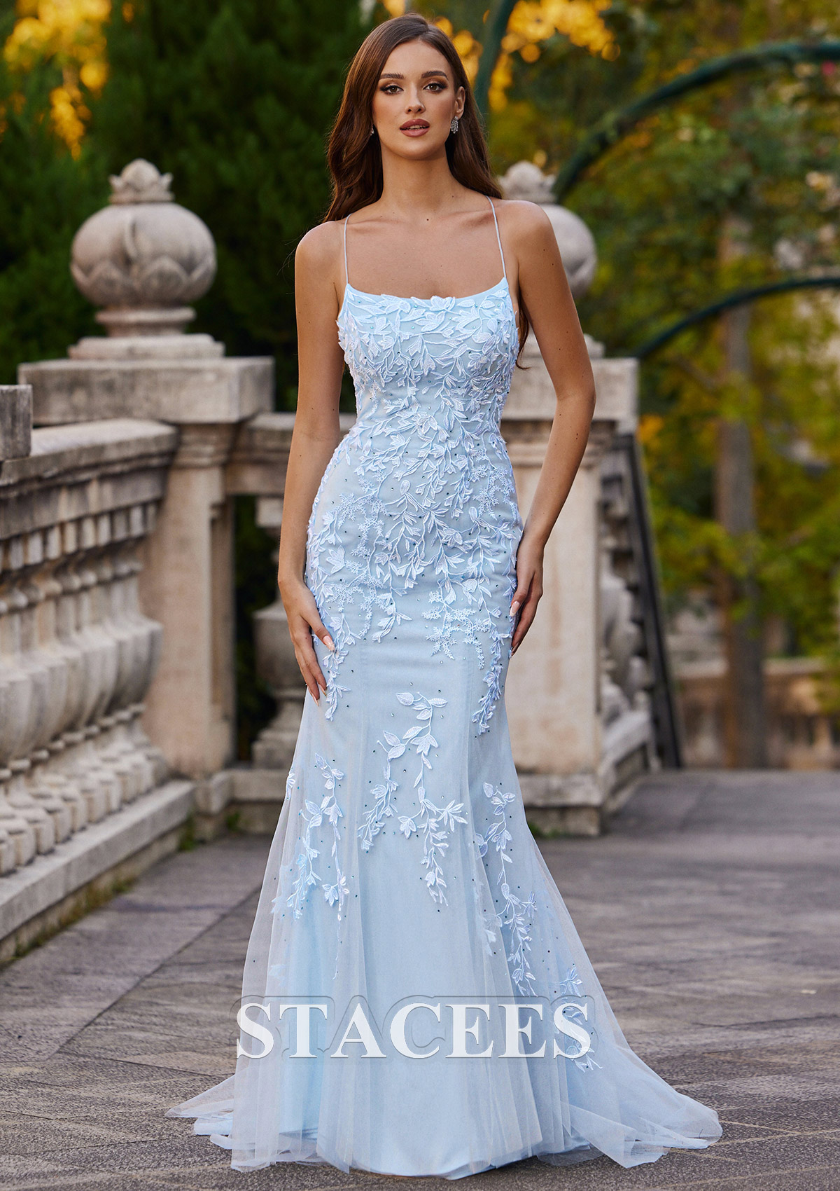 Sky Blue Trumpet/Mermaid Square Neckline Sweep Train Tulle Prom Dress with Beading Lace - STACEES