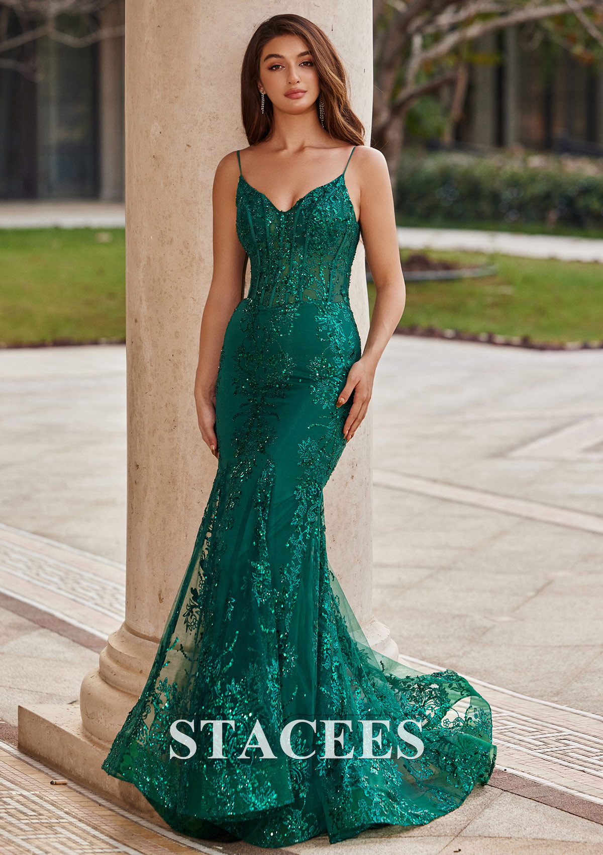 Dark Green Trumpet/Mermaid V Neck Sleeveless Sweep Train Glitter Prom Dress with Sequins - STACEES