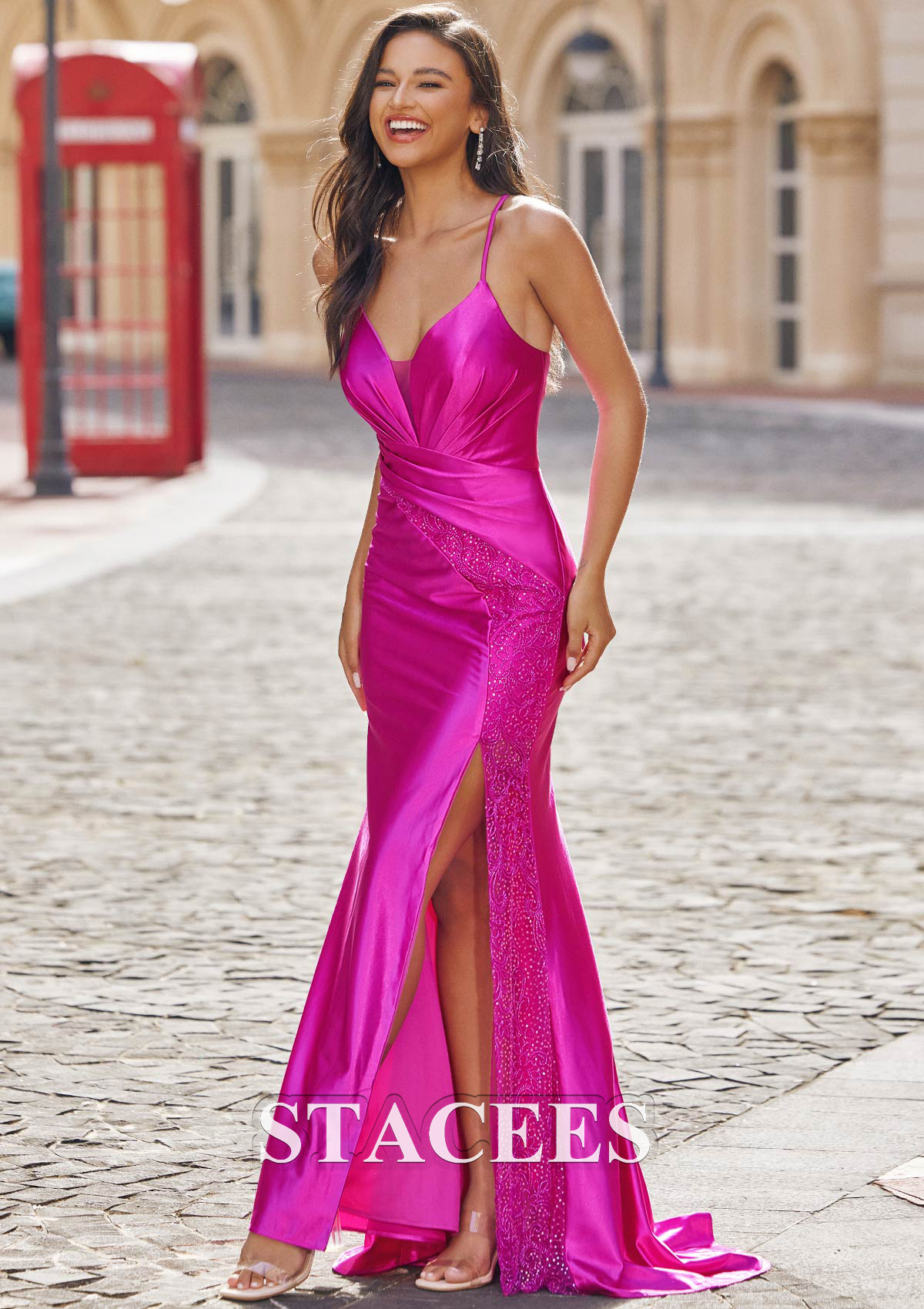 Fuchsia Trumpet/Mermaid V Neck Sleeveless Sweep Train Silk like Satin Prom Dress with Pleated Sequins Split - STACEES