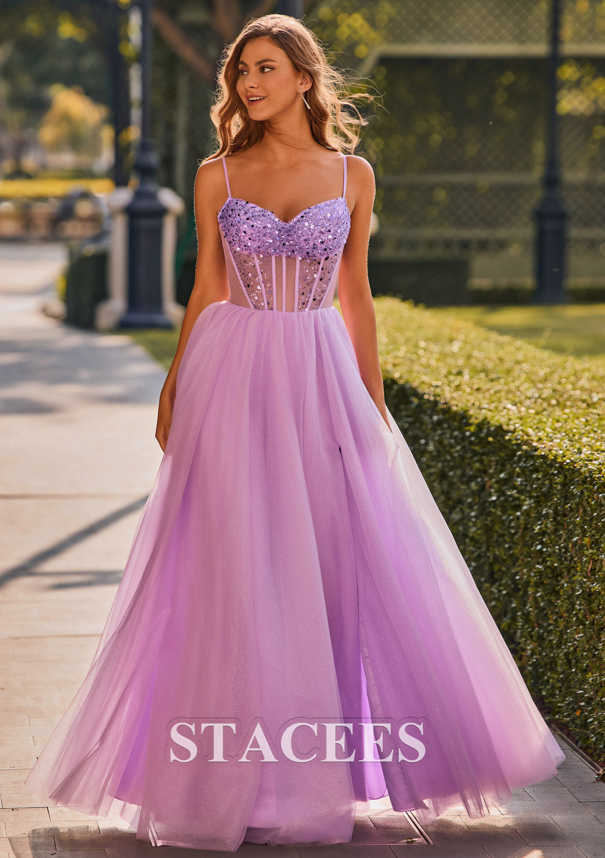Lilac Vestido línea a escote drapeado tul hasta el suelo vestido de graduación - STACEES