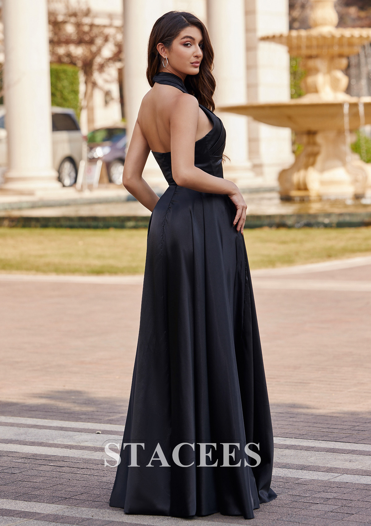 Black A-line Halter Floor-Length Charmeuse Prom Dress with Split - STACEES