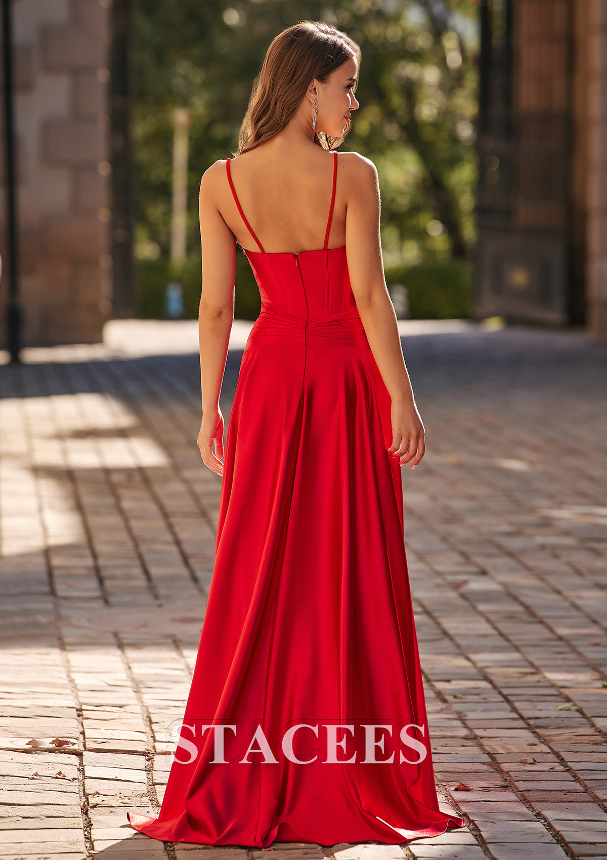  A-line Pleated Strapless Corset Prom Dress with Slit Detachable Straps - STACEES