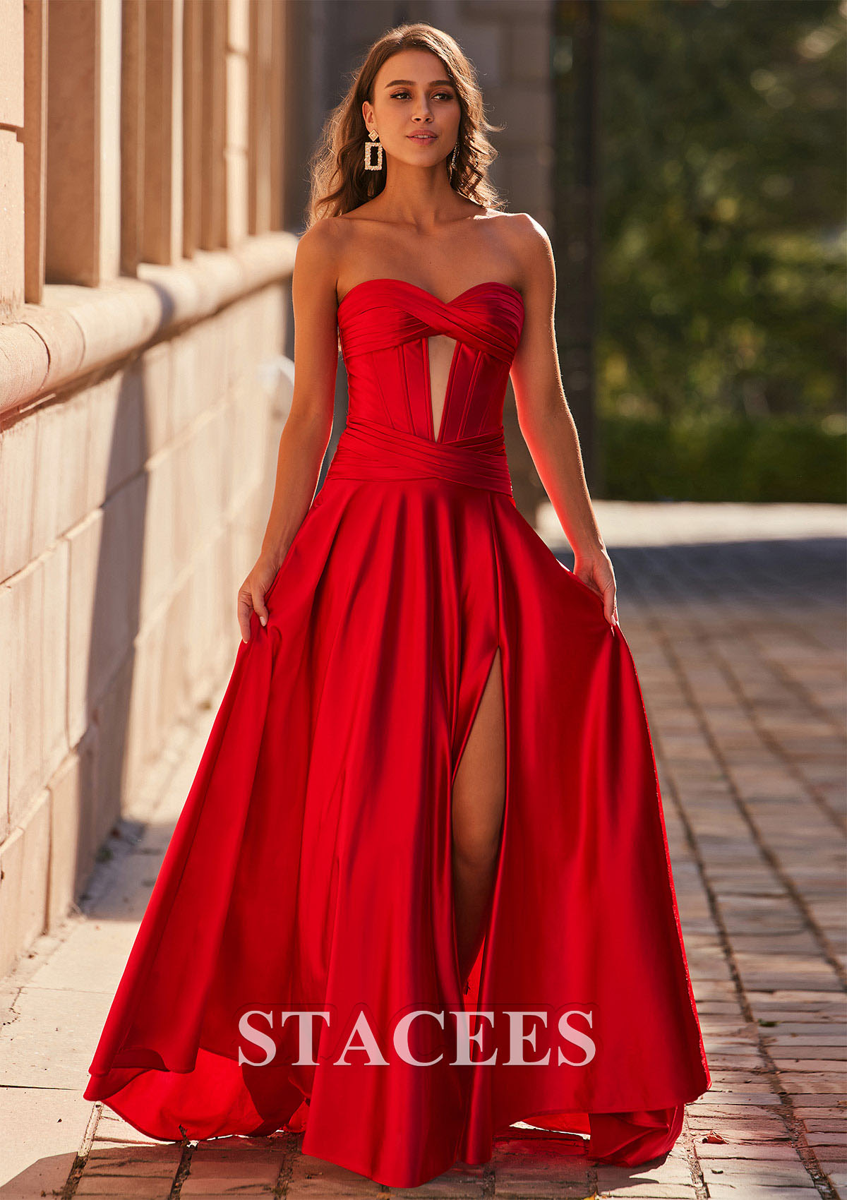 Red A-line Pleated Strapless Corset Prom Dress with Slit Detachable Straps - STACEES