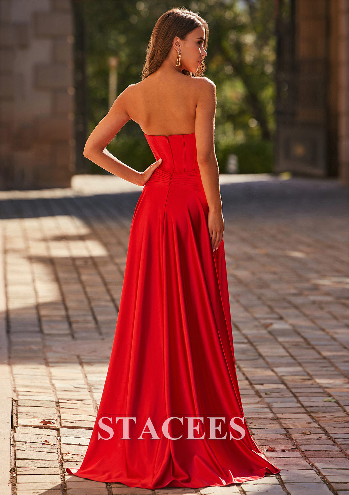Red A-line Pleated Strapless Corset Prom Dress with Slit Detachable Straps - STACEES