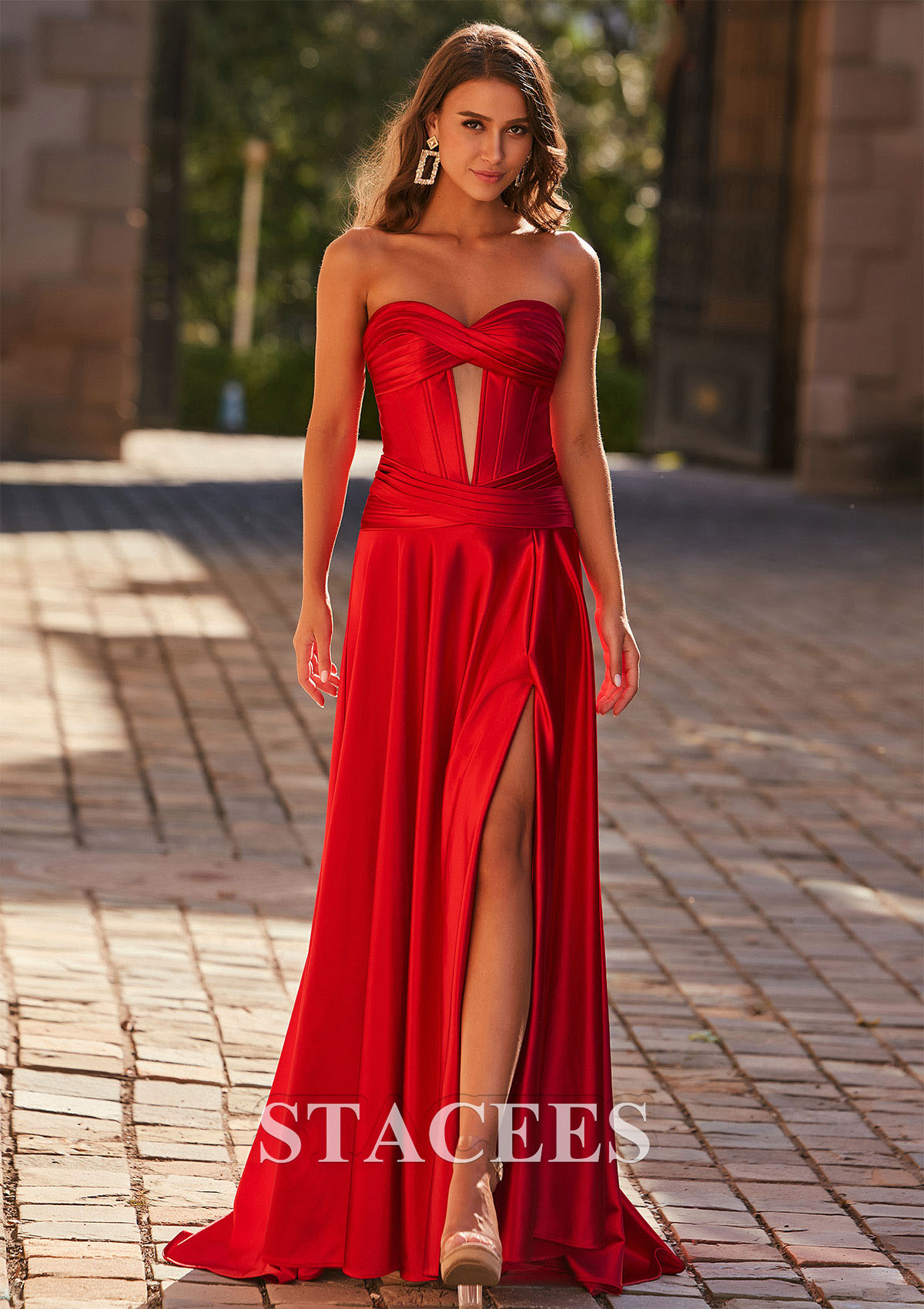 Red A-line Pleated Strapless Corset Prom Dress with Slit Detachable Straps - STACEES