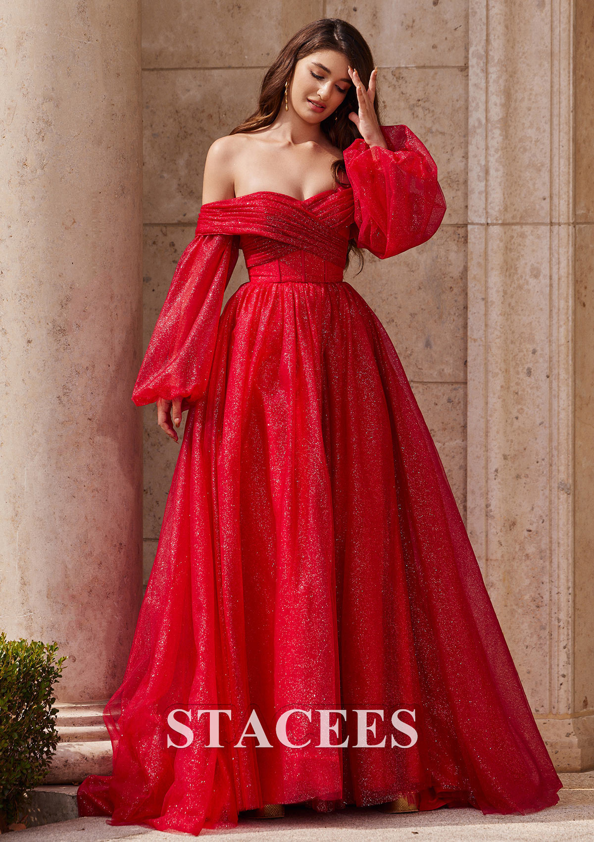 Rouge Robe trapèze princesse épaule dénudée tulle traîne balayage robe de bal - STACEES