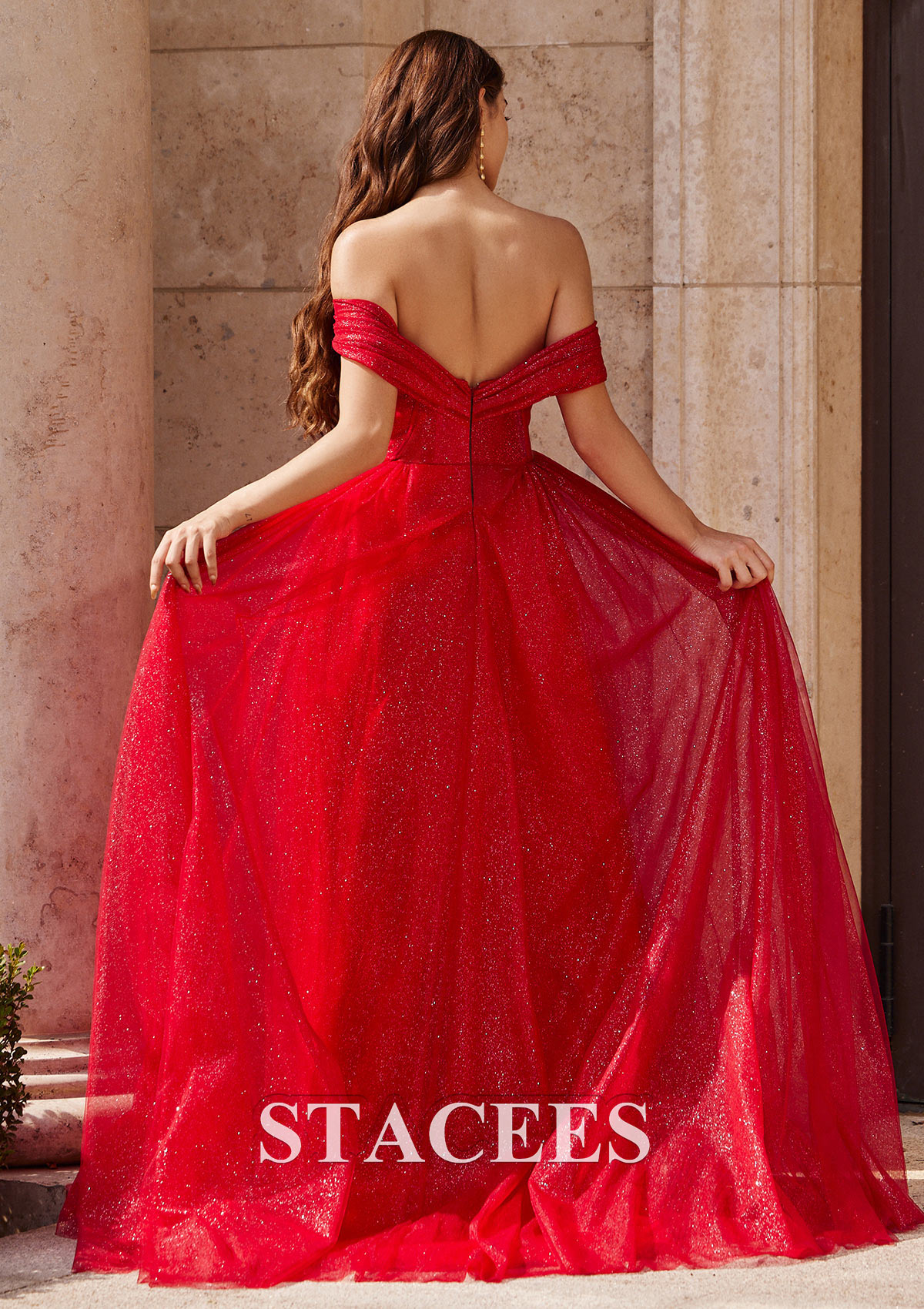 Rouge Robe trapèze princesse épaule dénudée tulle traîne balayage robe de bal - STACEES