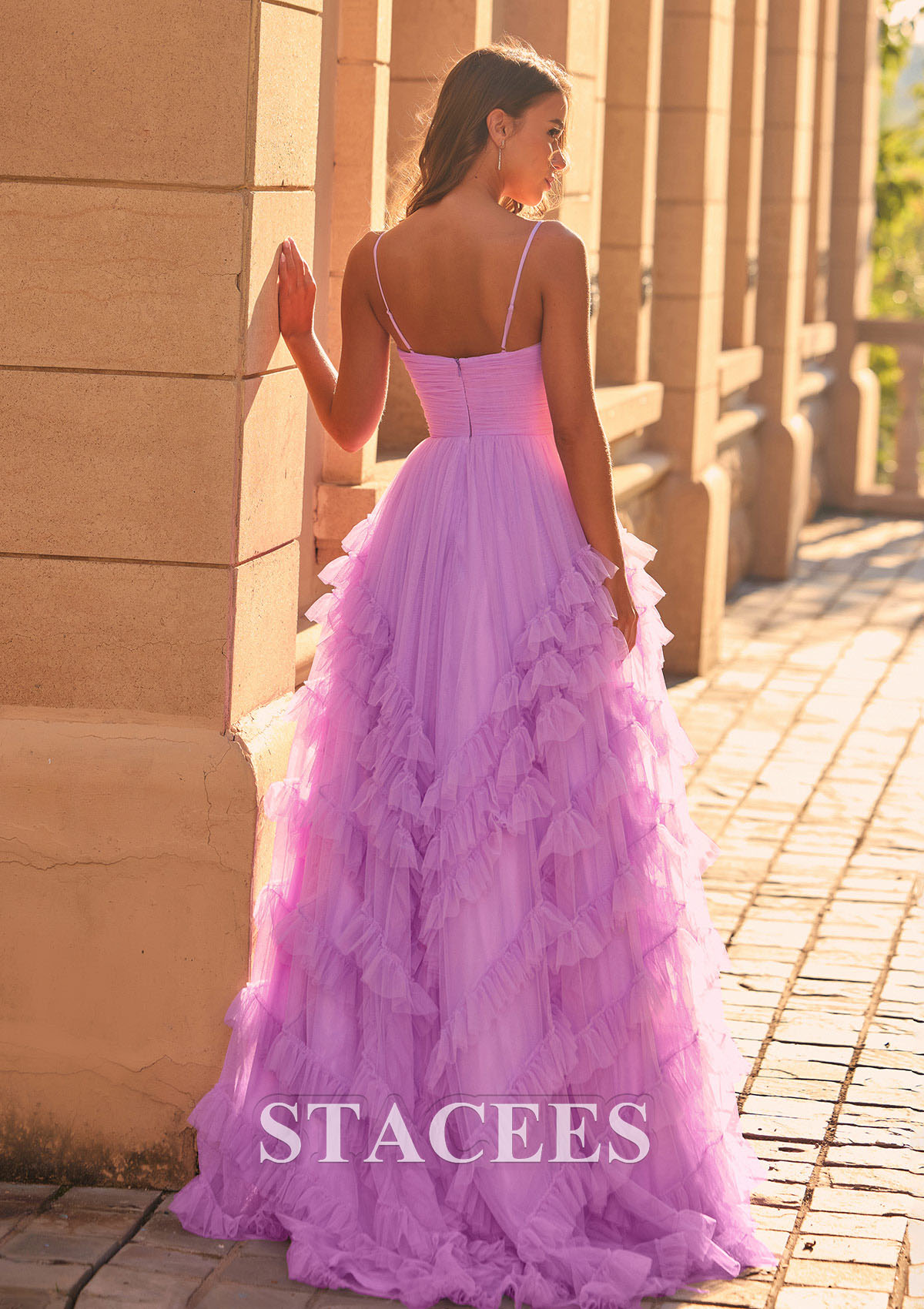 As Picture A-line Pleated V Nect Ruffled Tulle Sweep Train Prom Dress - STACEES