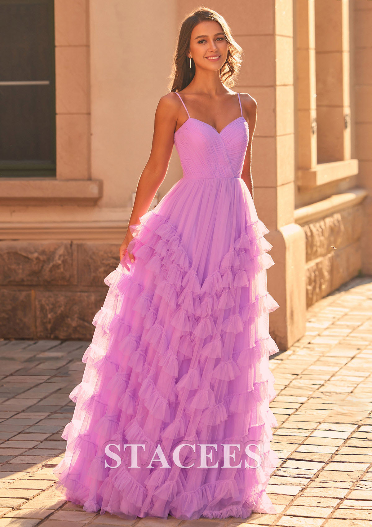 As Picture A-line Pleated V Nect Ruffled Tulle Sweep Train Prom Dress - STACEES