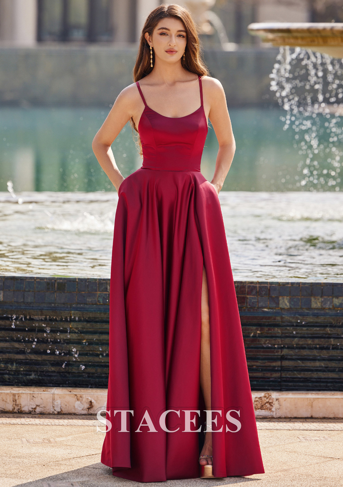 Bordeaux Robe trapèze scoop satin ras du sol robe de bal - STACEES