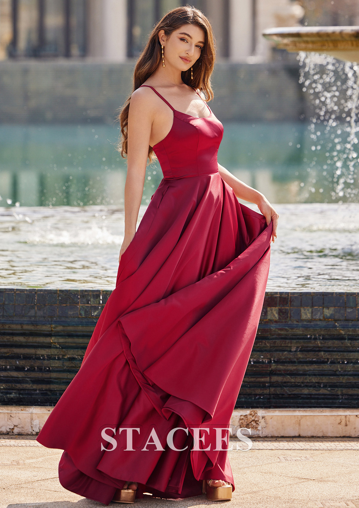 Bordeaux Robe trapèze scoop satin ras du sol robe de bal - STACEES