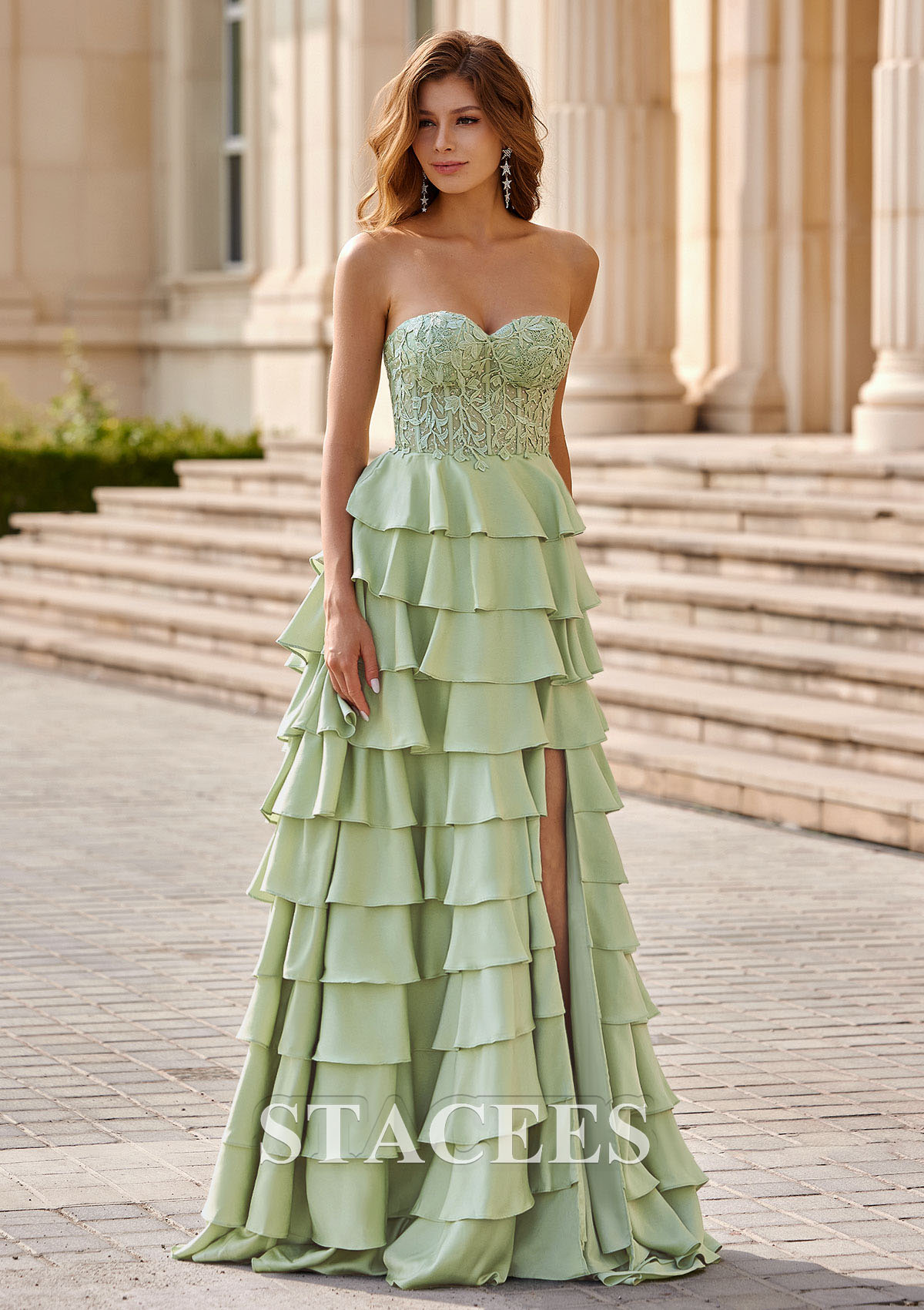 Dusty Sage A-line Stapless Stretch Satin Ruffle Corset Prom Dress with Leaf Lace Slit - STACEES
