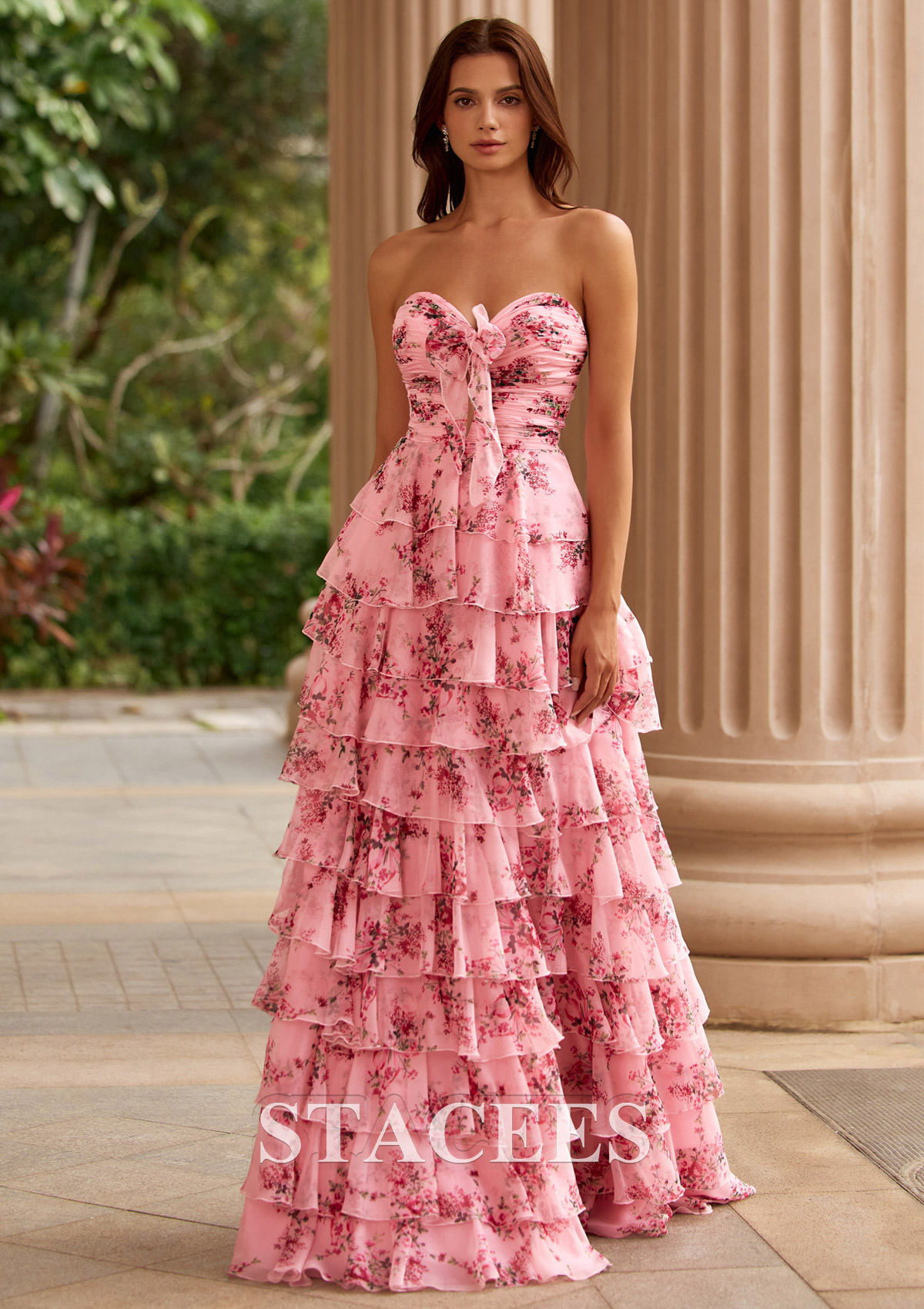 Blushing Pink Floral Trapèze cache coeur mousseline traîne balayage robe de bal avec volants fendue trou de serrure - STACEES