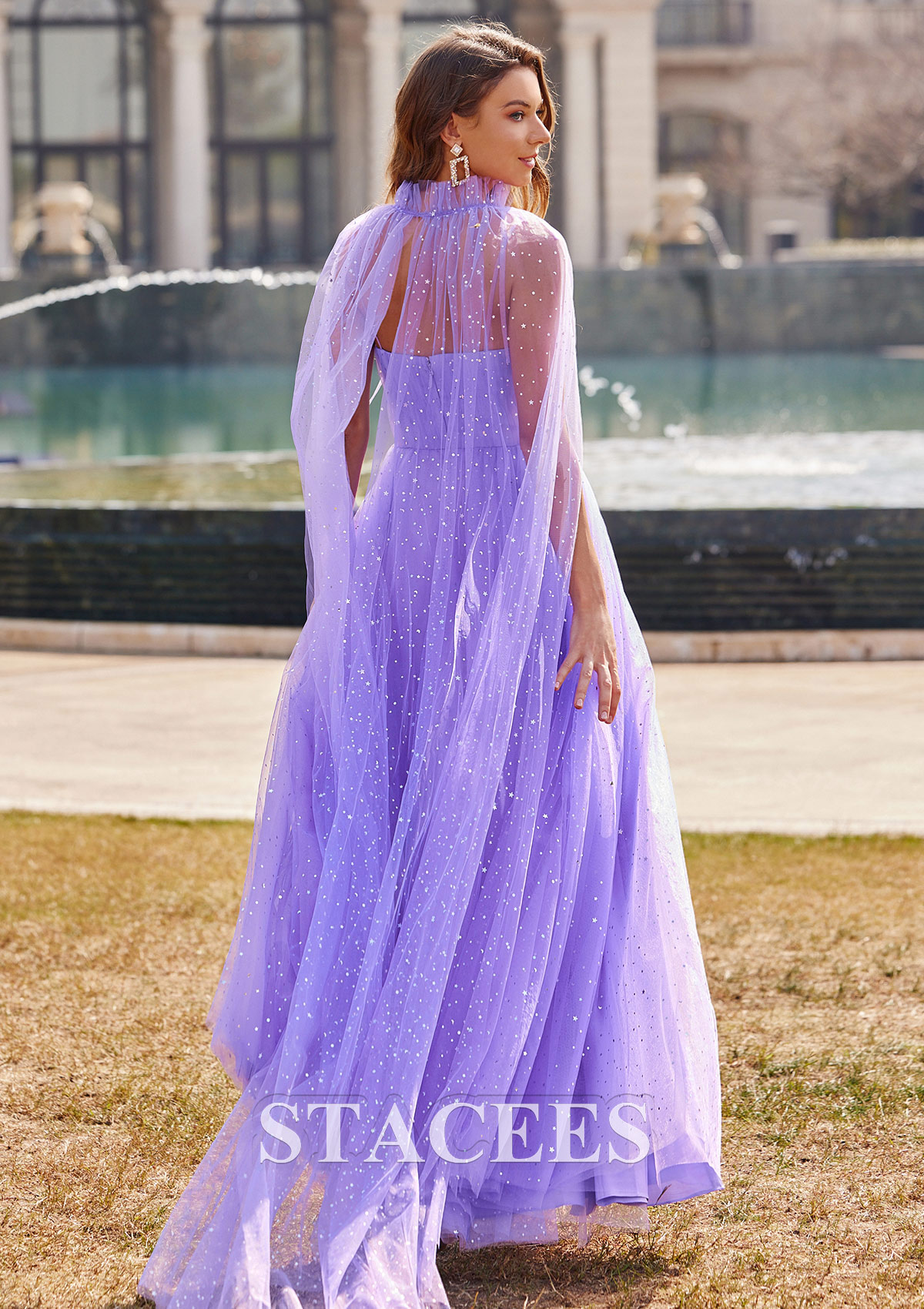 Lilac A-line Sweetheart Floor-Length Tulle Prom Dress with Sequins Cape - STACEES