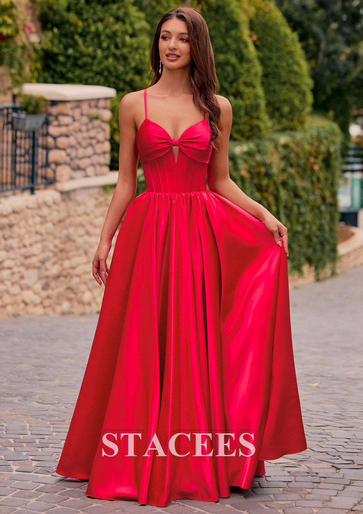 Red A-line Bow Corset Satin Floor-Length Ruched Prom Dress with Lace-Up Back - STACEES